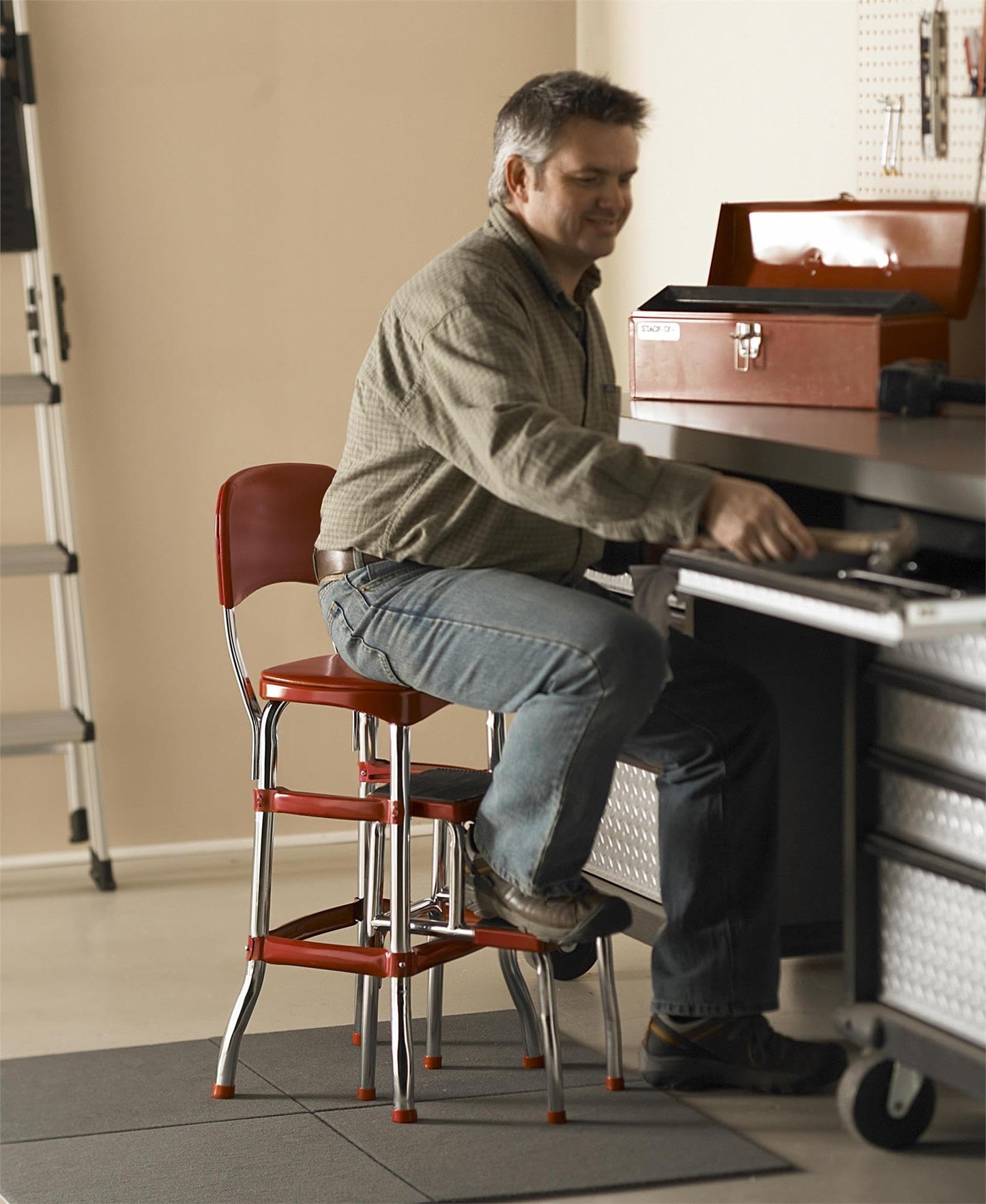 COSCO Stylaire Retro Chair + 2-Step Step Stool with Pull-Out Steps, 7 Ft. 11in Max Reach, 200 lb Weight Capacity, Steel and Vinyl (Red, one pack)