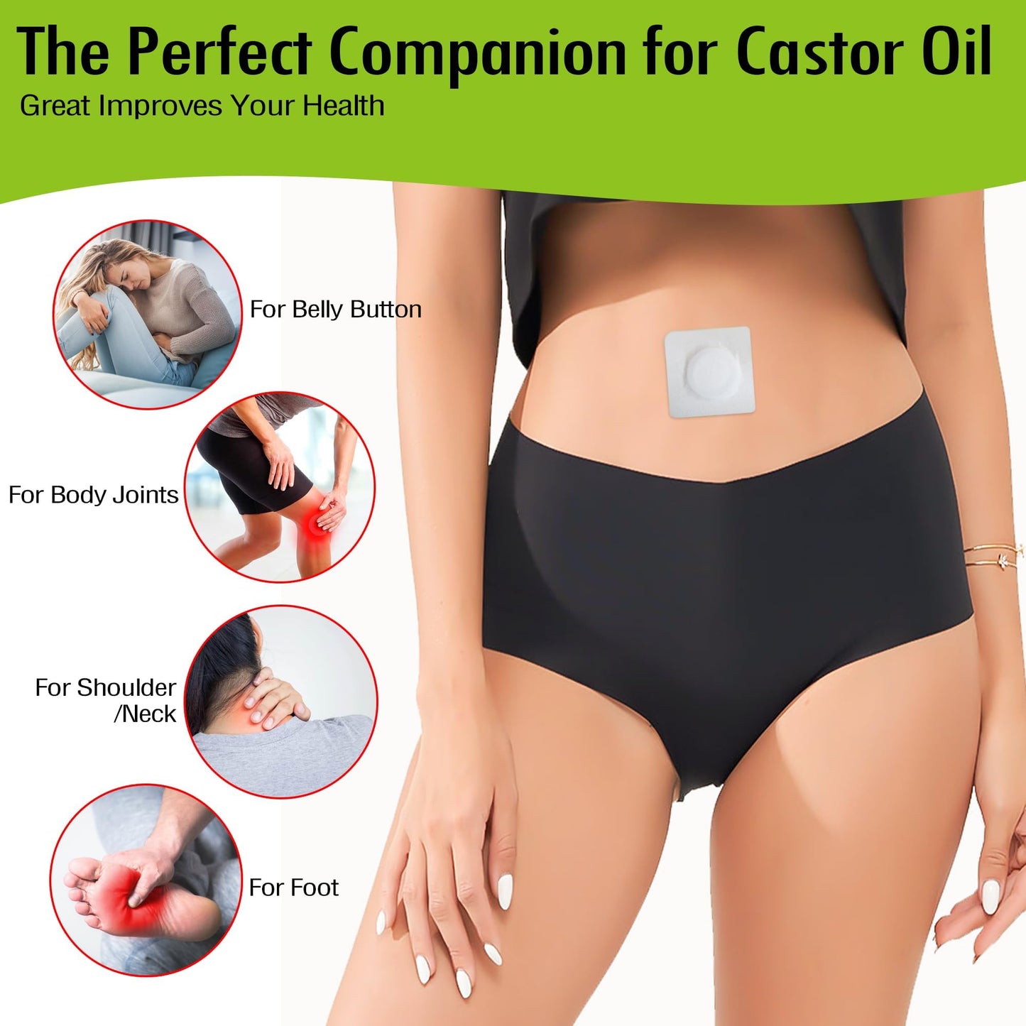12Pcs Hypoallergenic Castor Oil Pack Wrap for Belly Button, 3.2 x 3.2 inches Disposable, Self-Adhesive, and Highly Absorbent Castor Oil Wraps Patch Pads - White