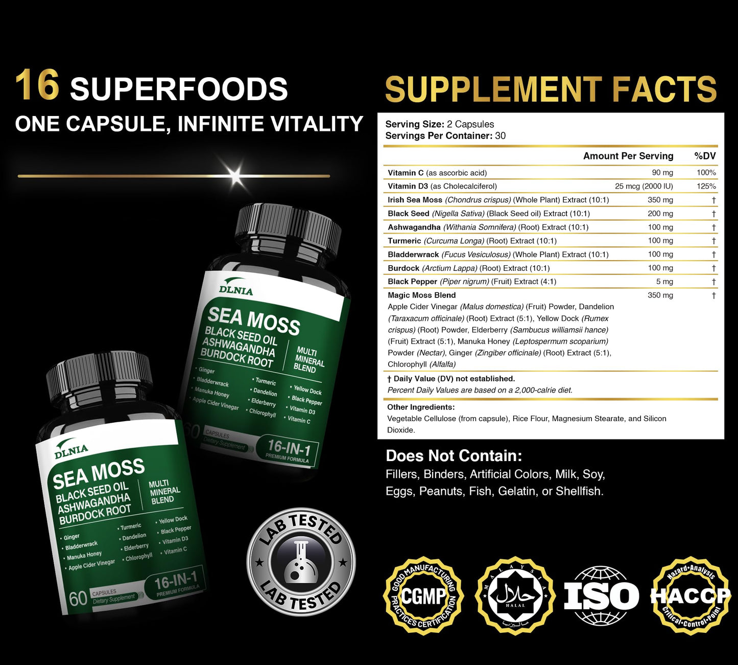 16-in-1 Organic Sea Moss, Ashwagandha, Black Seed Oil, Turmeric, Bladderwrack Burdock, Vitamin C & D3 with Elderberry Manuka Dandelion Yellow Dock