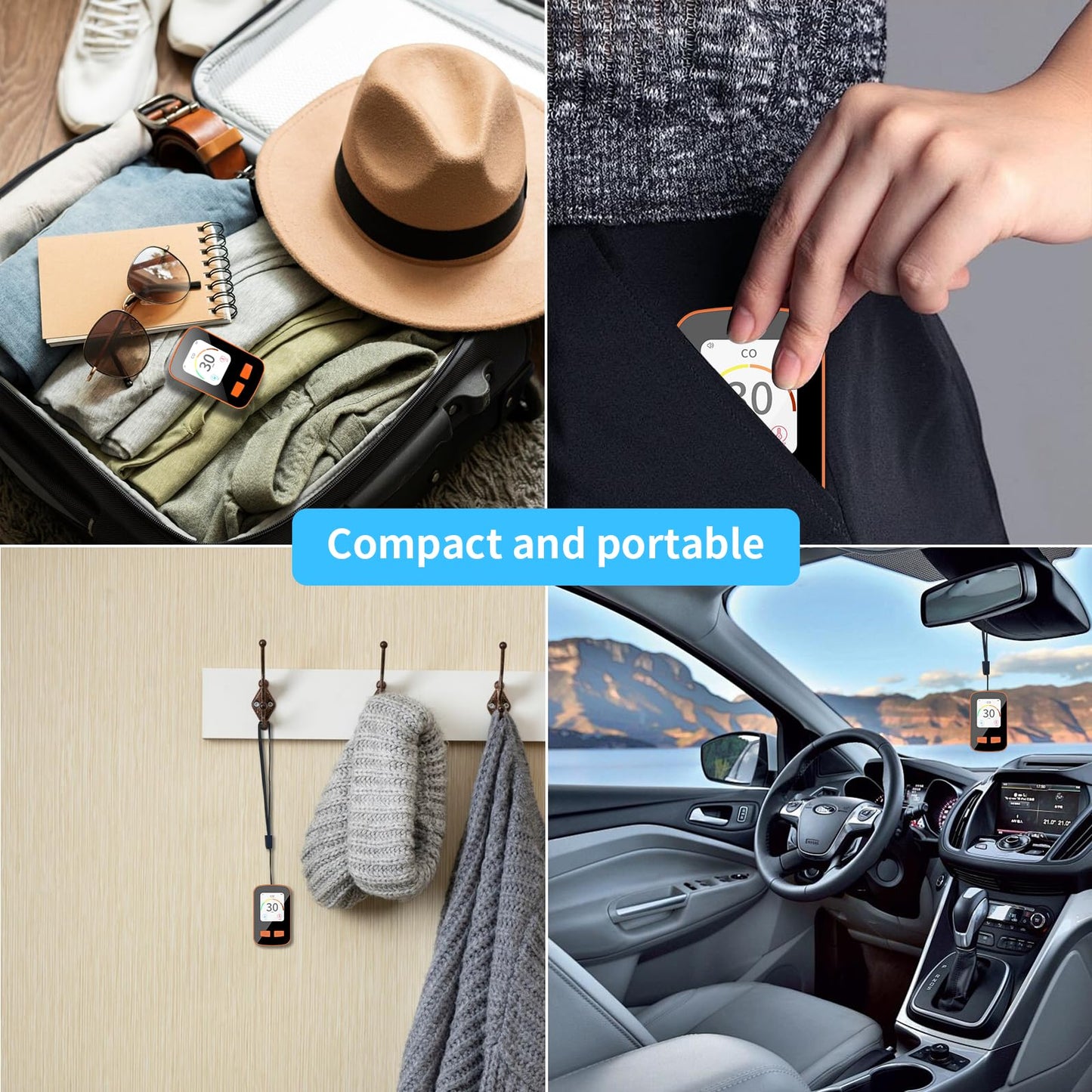 Travel Carbon Monoxide Detector, 3in1 Portable CO Detector for Car Camper Camping, Battery Powered Rechargeable Carbon Monoxide Detectors with Temperature Humidity Sensor for Hotel Rome Home RV Trip