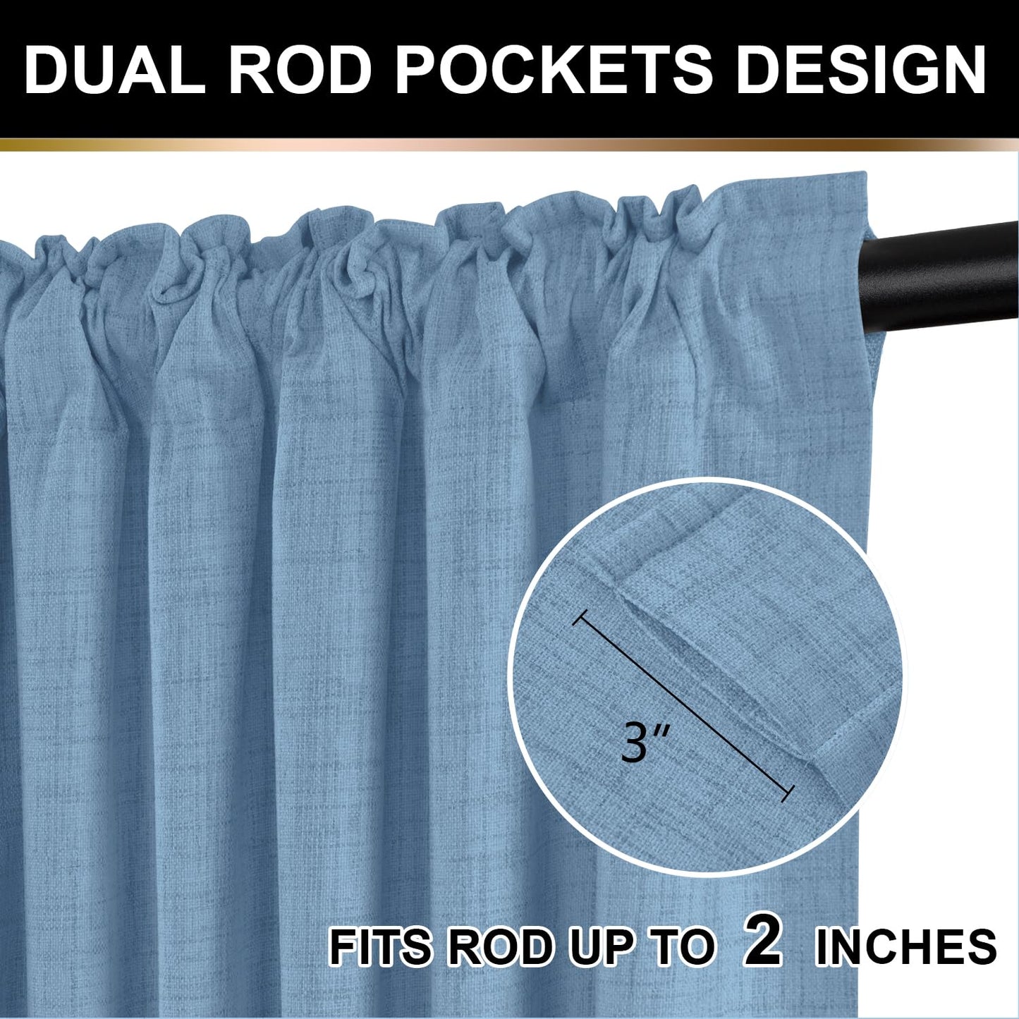 100% Blackout Shield Linen Blackout Curtains 96 Inches Long 2 Panels Set, Blackout Curtains for Bedroom/Living Room, Thermal Insulated Rod Pocket Window Curtains & Drapes, 50W X 96L, Blue