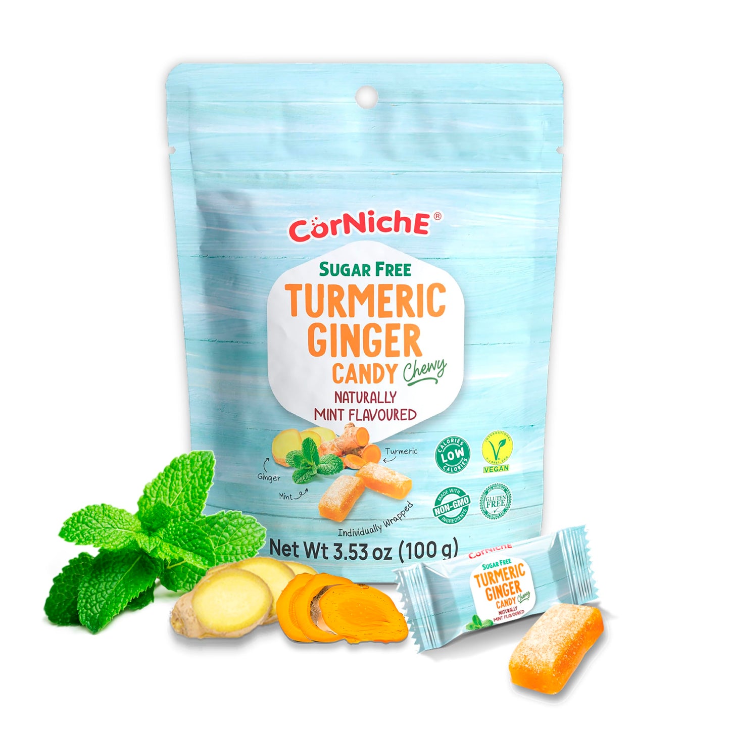 CORNICHE Turmeric Ginger Candy, Anti-Nausea and Digestion Aid, Individually Wrapped Healthy Candy 3.53 Oz Bag (Mint), Small
