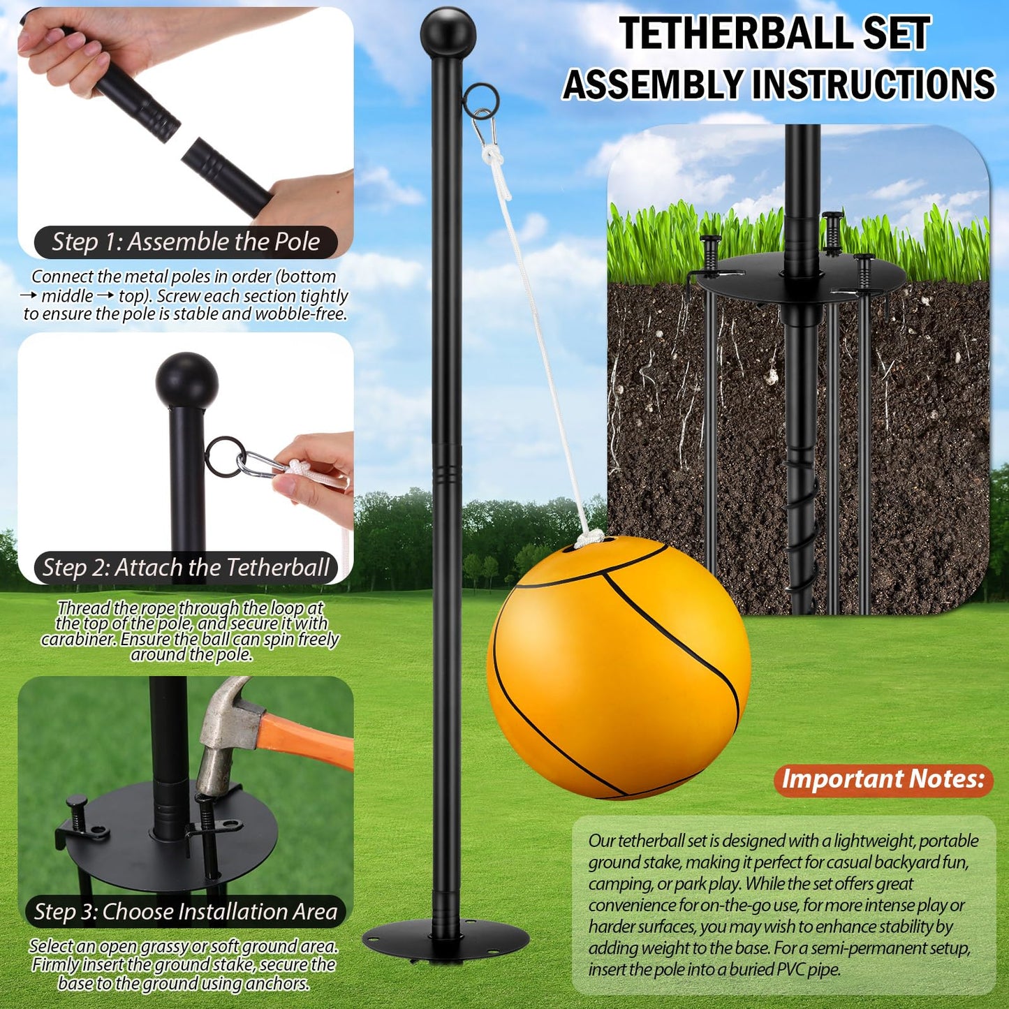 10 ft Tetherball Set with 2 Balls, Portable Replacement Tetherball Ball and Rope and Pole Tether Ball Equipment Adjustable Tether Ball Pole Game for Adult Dog Outdoor Backyard Beach(Yellow,Classic)