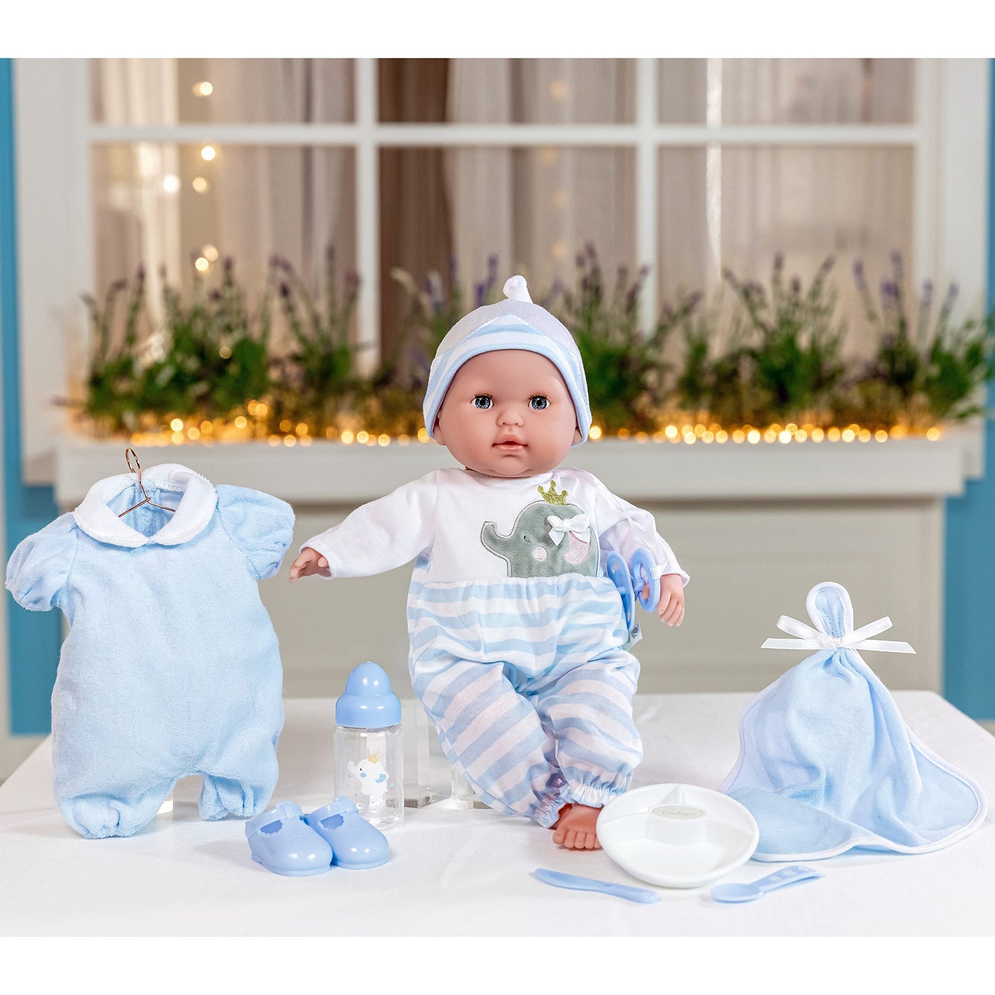 15" Realistic Soft Body Baby Doll with Open/Close Eyes | JC Toys - Berenguer Boutique | 10 Piece Gift Set with Bottle, Rattle, Pacifier & Accessories | Blue | Ages 2+