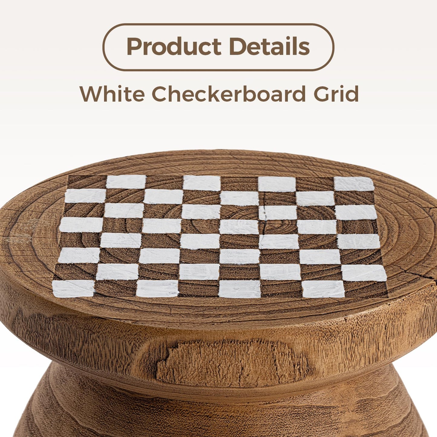 COSIEST Outdoor Side Table w Chessboard, 14''Concrete Faux Wooden Garden Stool, Lightweight Decor Outdoor Round End Table, Plant Stand for Garden and Deck, Brown