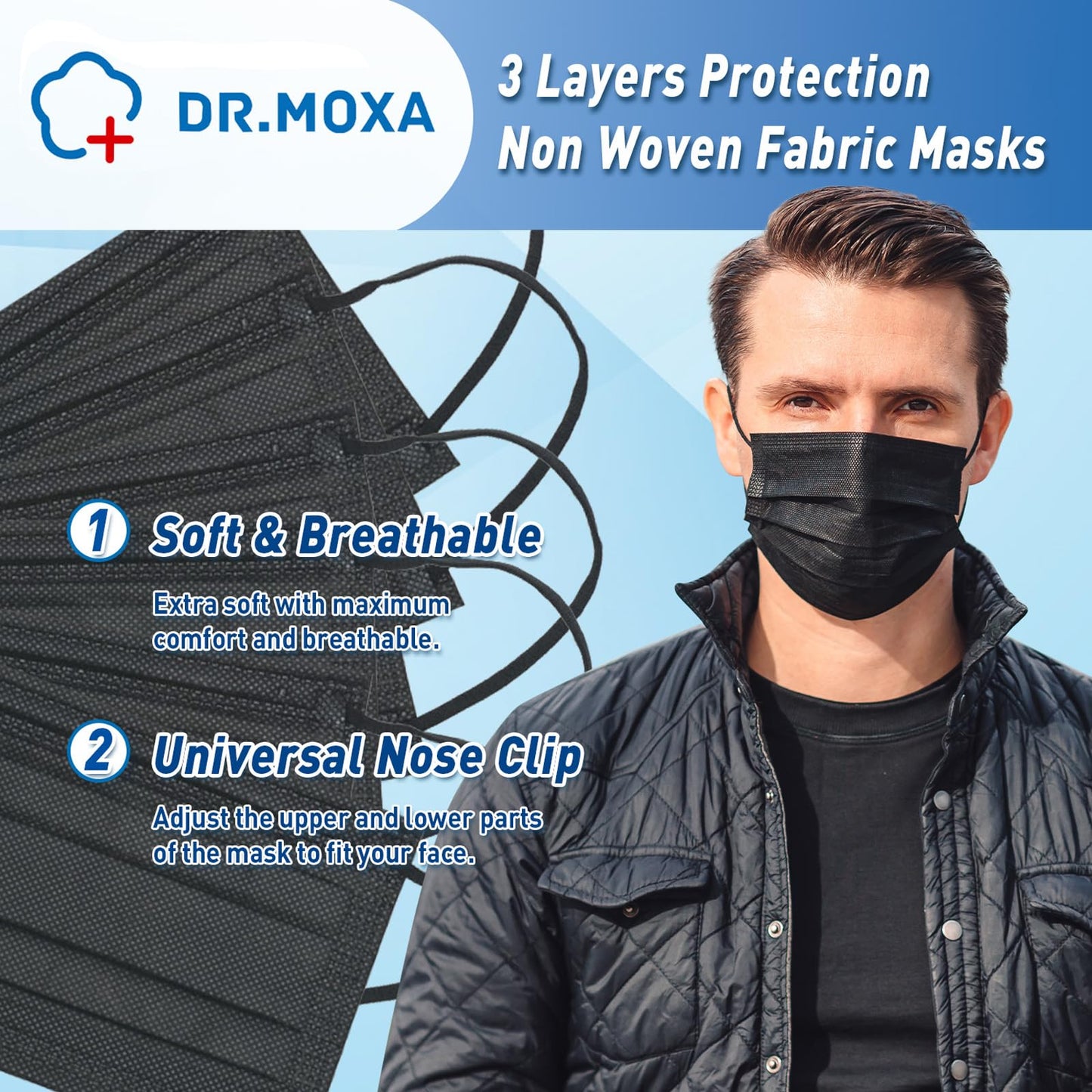 100 Pack Medical Grade Black Disposable Face Masks-Protective 3 Ply Face Mask for Adults, Comfortable,Soft, Breathable