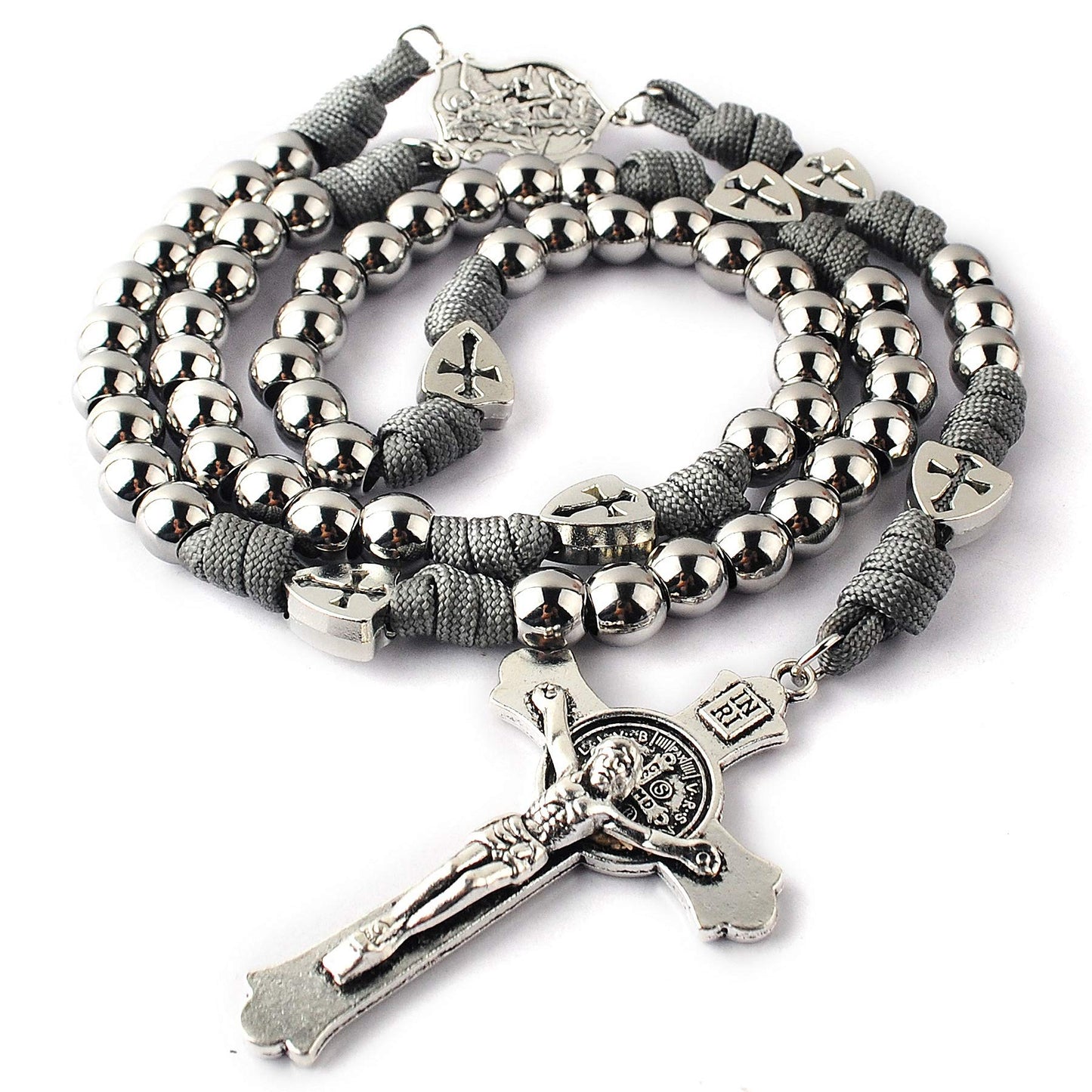 HanlinCC Large and Heavy Stainless Steel Beads Rugged Durable Paracord Rosary Necklace for Men with St.Michael Center Piece and St.Benedict Crucifix (Grey Paracord Rosary)