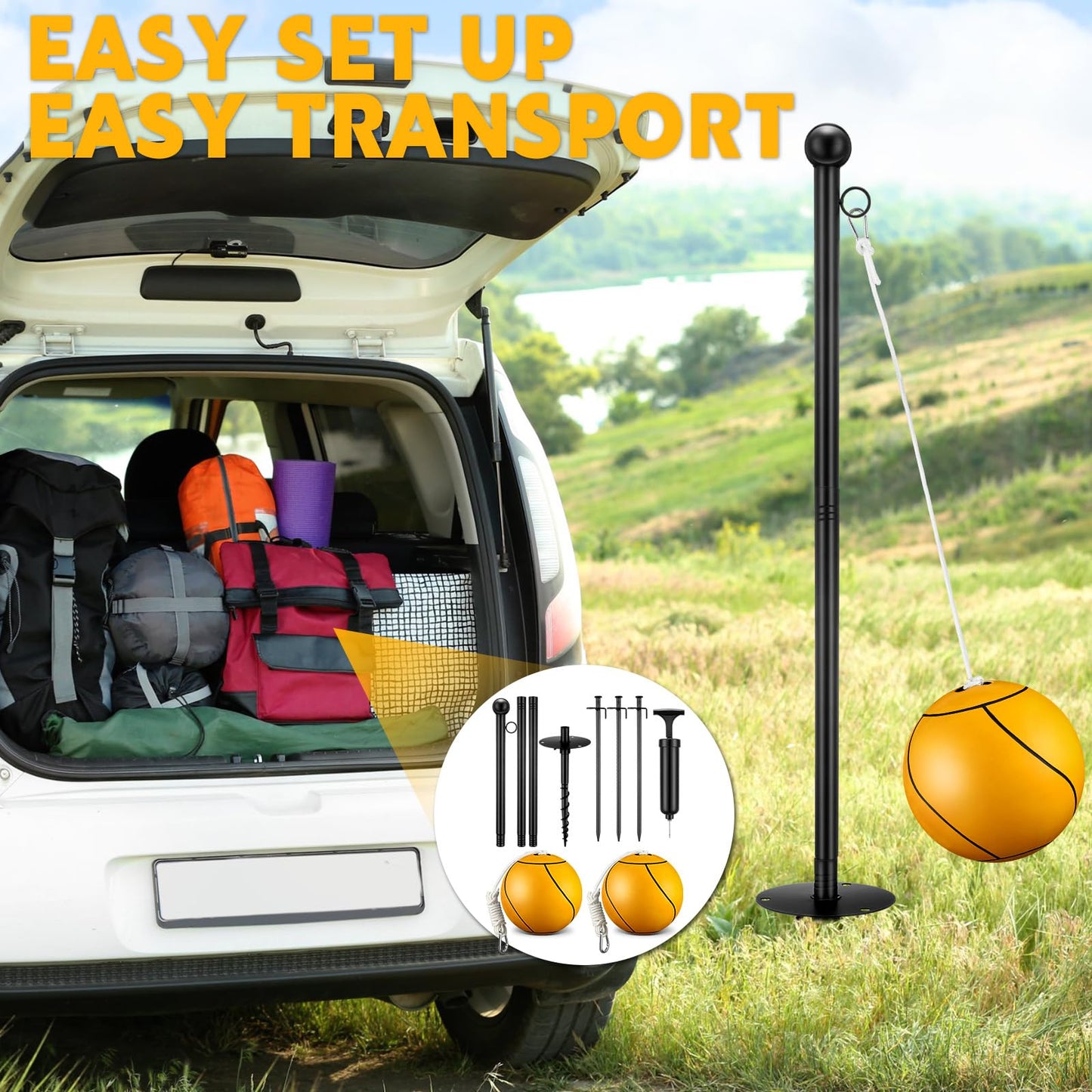 10 ft Tetherball Set with 2 Balls, Portable Replacement Tetherball Ball and Rope and Pole Tether Ball Equipment Adjustable Tether Ball Pole Game for Adult Dog Outdoor Backyard Beach(Yellow,Classic)