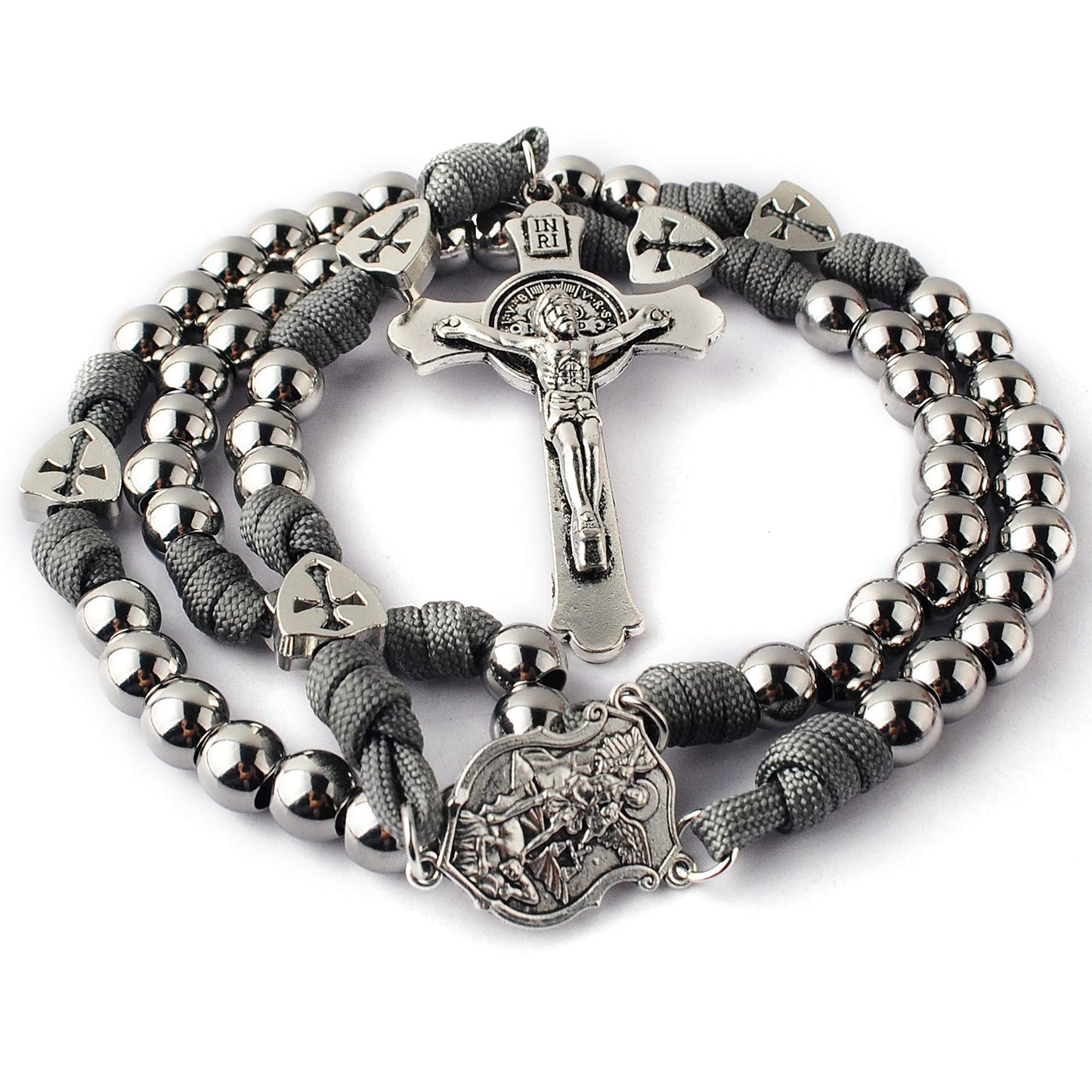 HanlinCC Large and Heavy Stainless Steel Beads Rugged Durable Paracord Rosary Necklace for Men with St.Michael Center Piece and St.Benedict Crucifix (Grey Paracord Rosary)