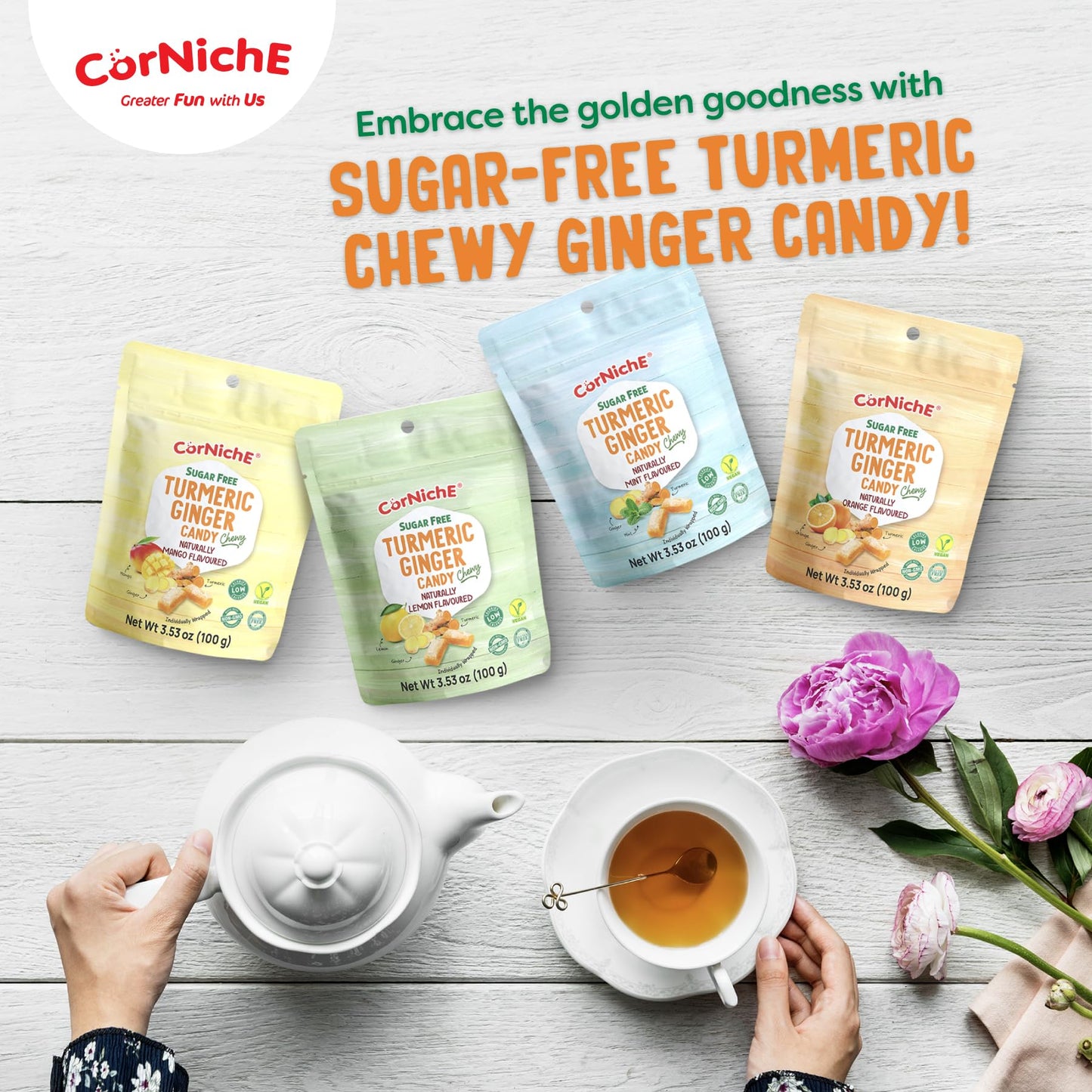 CORNICHE Turmeric Ginger Candy, Anti-Nausea and Digestion Aid, Individually Wrapped Healthy Candy 3.53 Oz Bag (Mint), Small