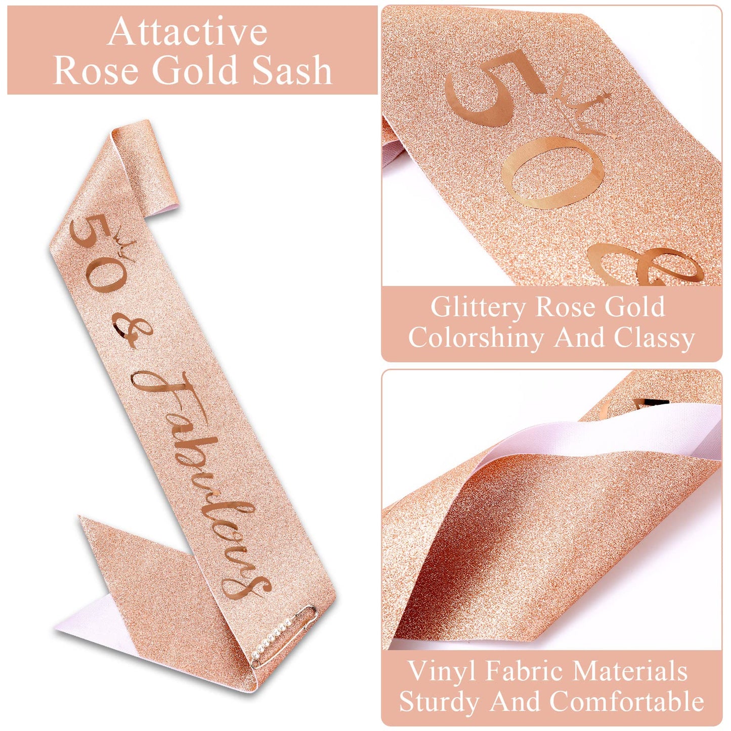 10 Pcs 50th Birthday Decorations for Women Rose Gold 50th Birthday Glitter Glasses Birthday Sash and Tiara 50th Birthday Accessory for Birthday Party