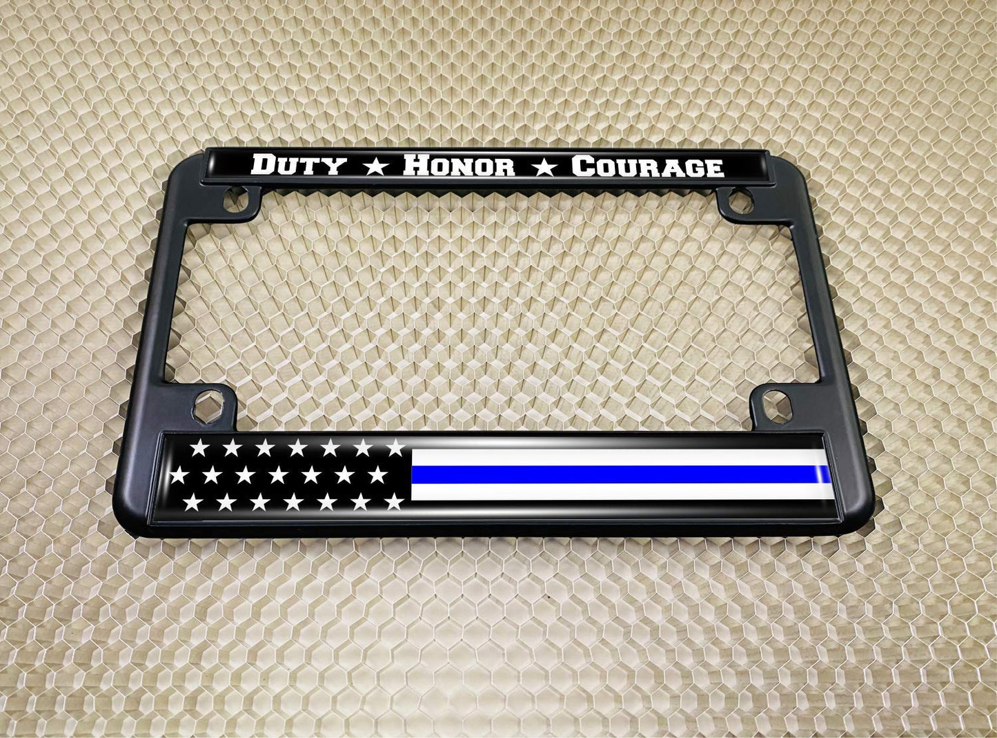 Motorcycle Metal License Plate Frame with Duty Honor Courage Thin Blue Line (Stripe) USA Flag Design - Black
