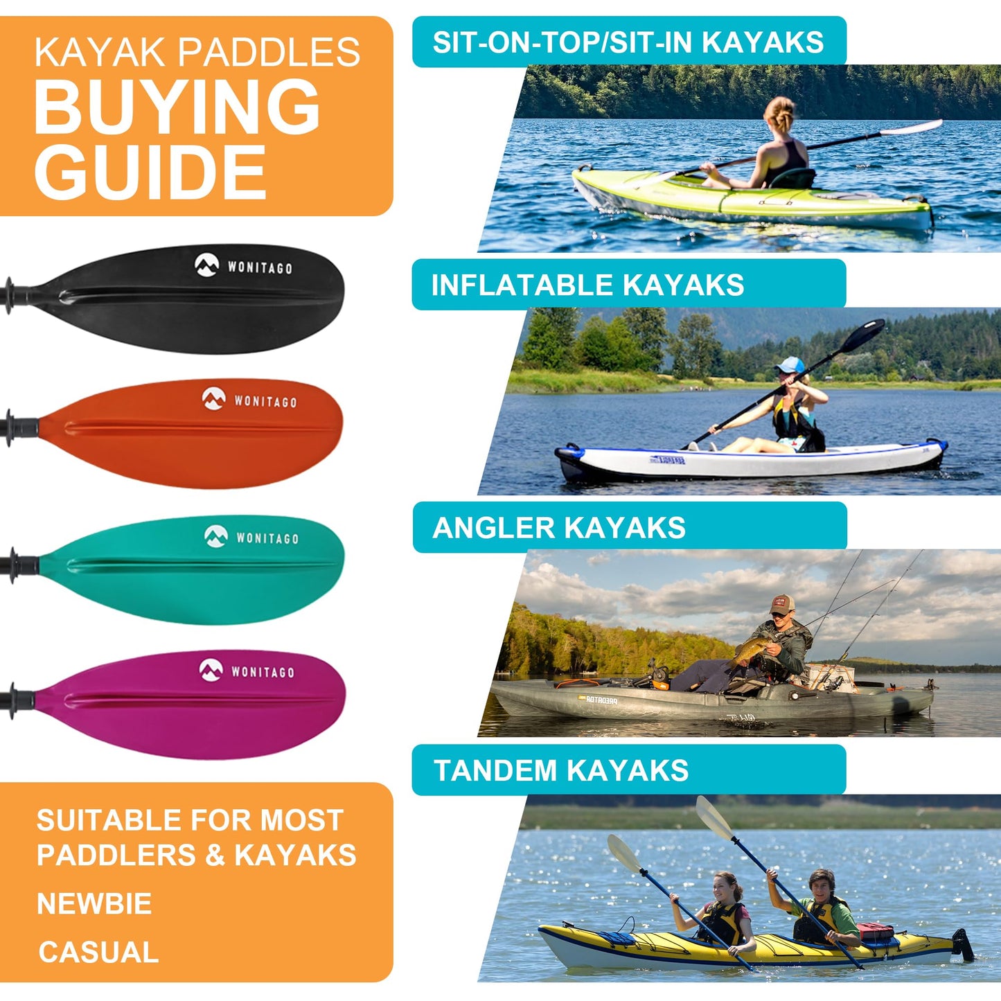 WONITAGO Kayak Paddles with Fiberglass Shaft and Reinforced PP Blade, Floating Adjustable Kayaking Oars, 3 Piece, 240-260 cm/94-102 Inches, Pink