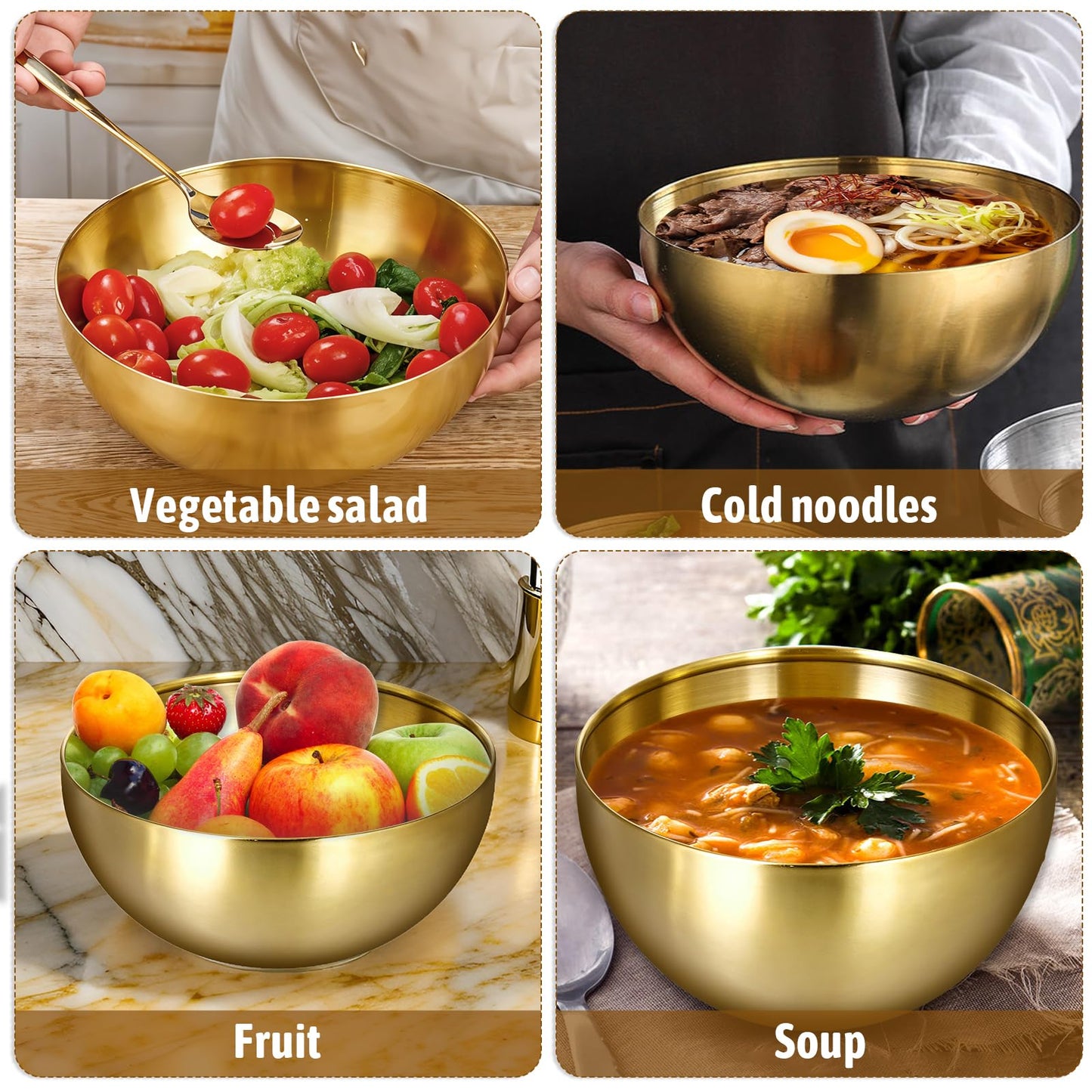 10 Pcs Gold Mixing Bowls Large Stainless Steel Bowls Gold Serving Bowls Decorative Soup Bowl Metal Salad Dessert Cereal Fruit Snack Bowls for Party Baking, Prepping and Serving Food (5.91 Inch)
