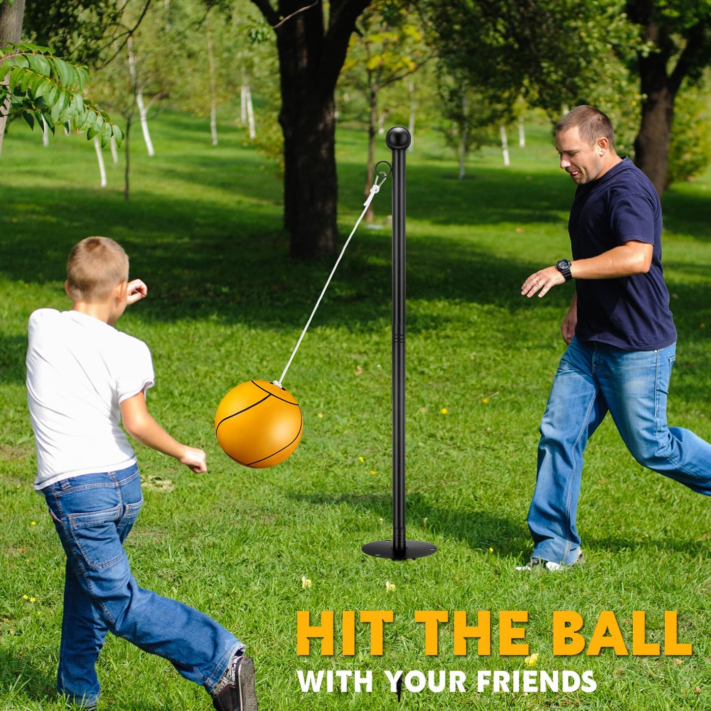 10 ft Tetherball Set with 2 Balls, Portable Replacement Tetherball Ball and Rope and Pole Tether Ball Equipment Adjustable Tether Ball Pole Game for Adult Dog Outdoor Backyard Beach(Yellow,Classic)