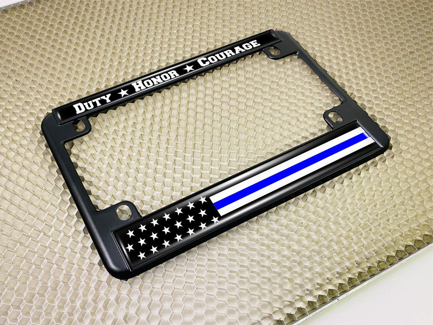 Motorcycle Metal License Plate Frame with Duty Honor Courage Thin Blue Line (Stripe) USA Flag Design - Black