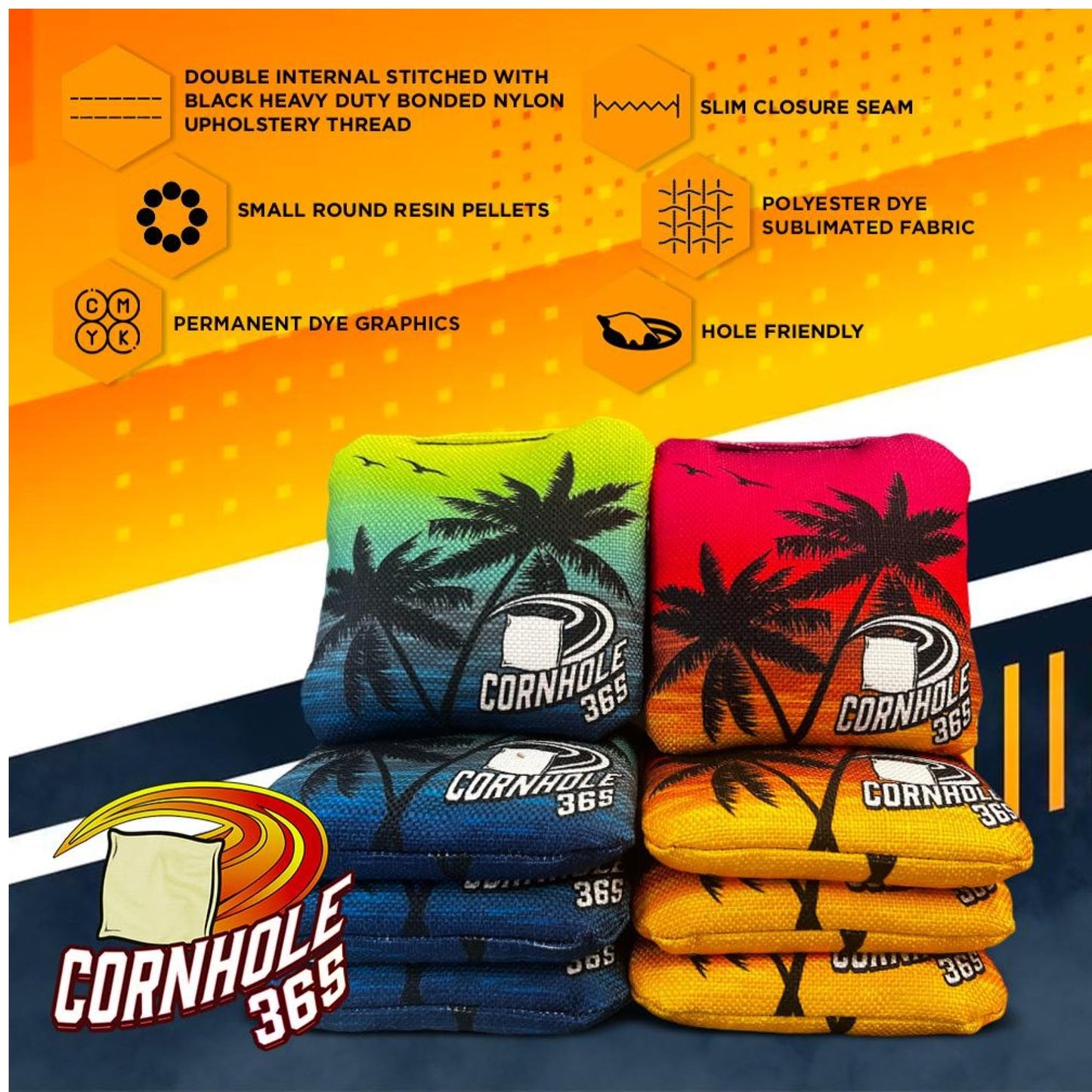 Cornhole365 Themed Cornhole Bags - All-Weather, Heavy-Duty, Resin Filling, Double-Stitched Duck Cloth - Professional Corn Hole Bean Bags for Indoor & Outdoor Use - Beach and Palm Trees - Set of 8