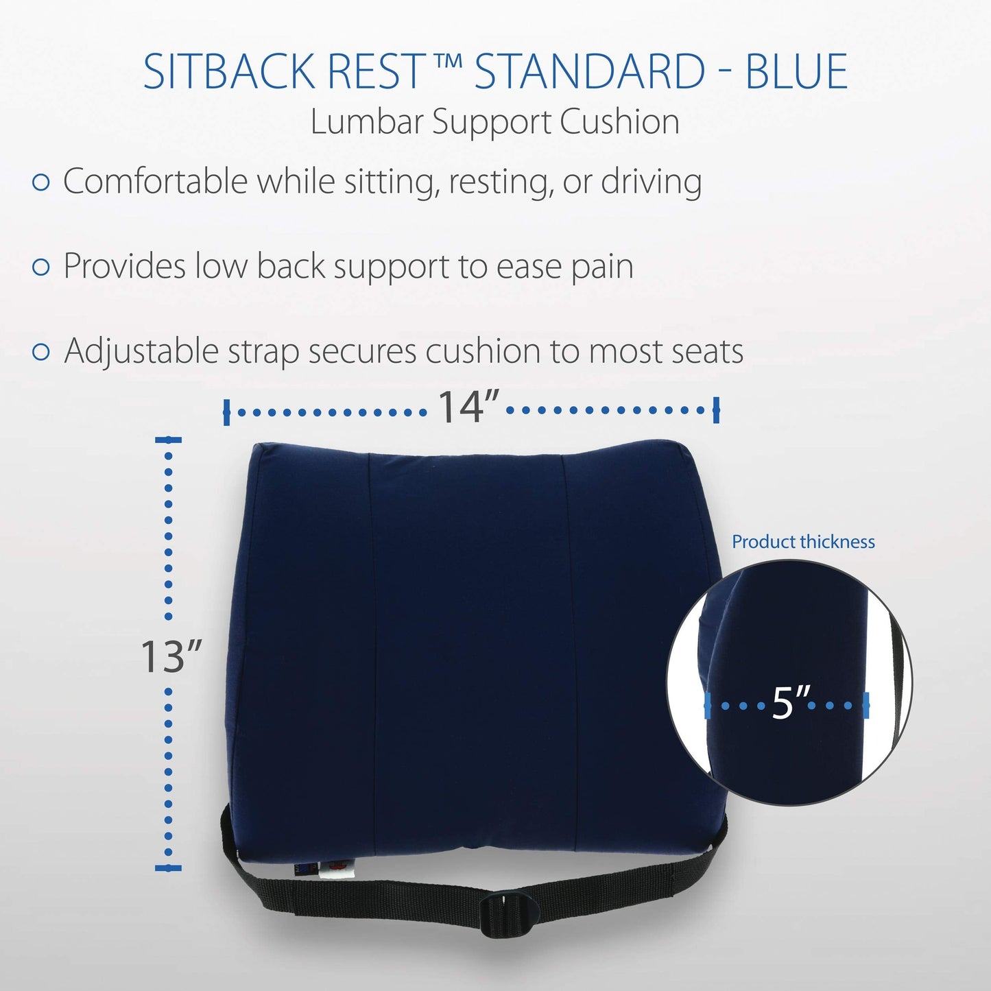 Core Products Sitback Rest Cushion Lumbar Support for Lower Back & Office Chair, Adjustable Strap Standard Foam - Blue