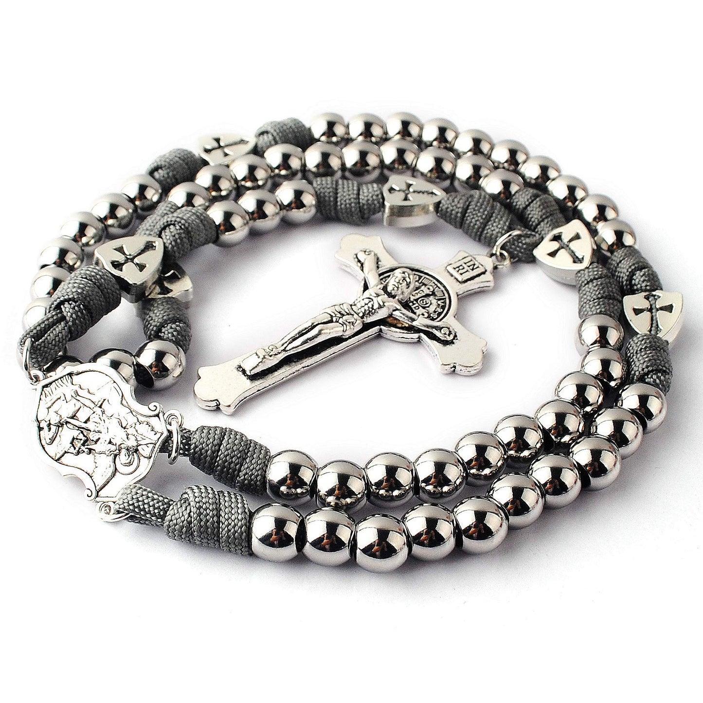 HanlinCC Large and Heavy Stainless Steel Beads Rugged Durable Paracord Rosary Necklace for Men with St.Michael Center Piece and St.Benedict Crucifix (Grey Paracord Rosary)
