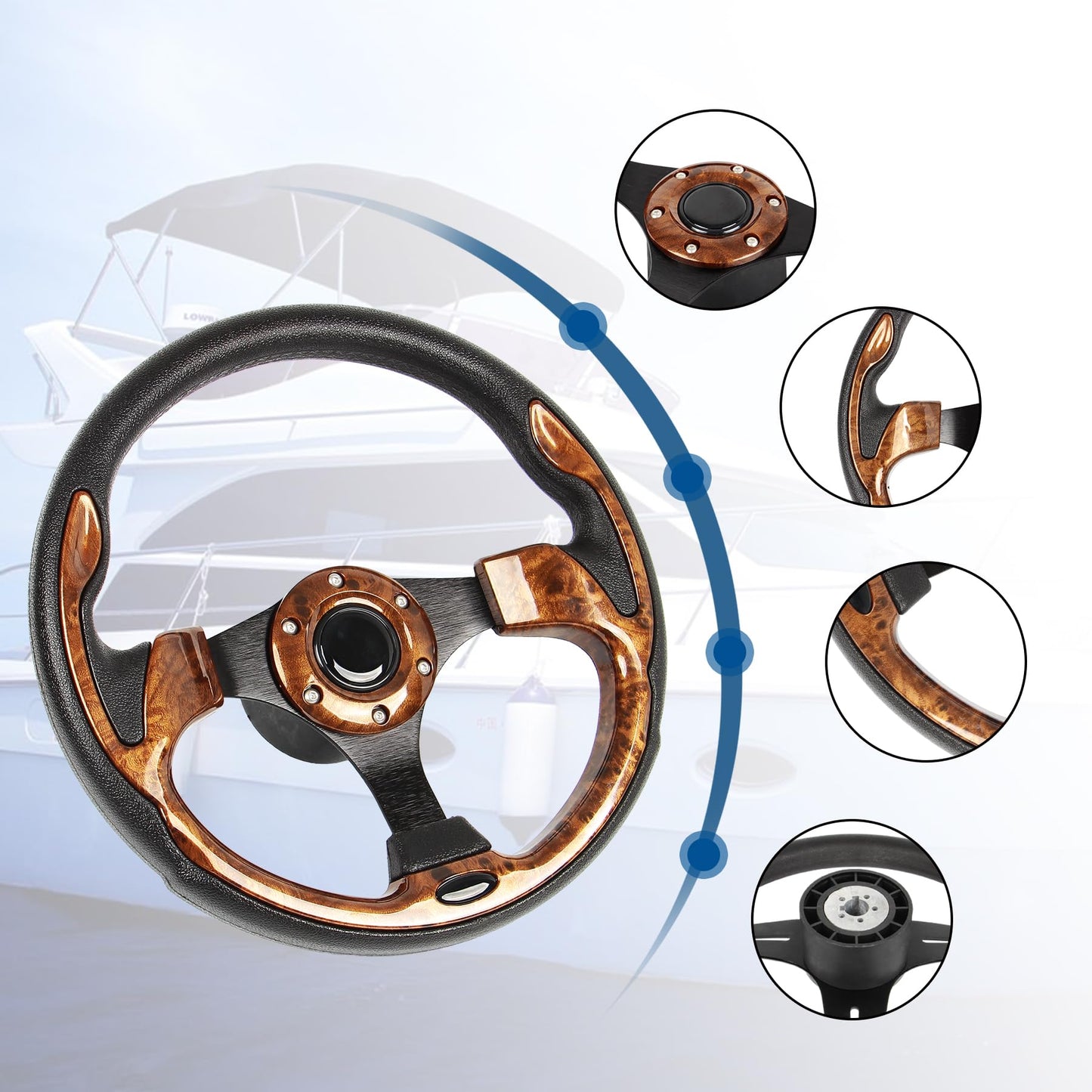 12.5" Wood Grain Marine Boat Steering Wheel Black Spokes with 3/4" Tapered Shaft, Anti-Slip and Rust-proof Steering Wheel for Most Marine boats,Vessels,Yachts,Pontoons Boat
