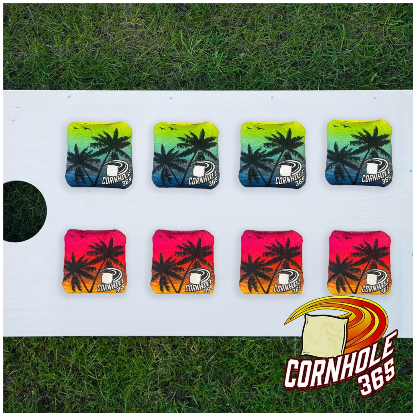 Cornhole365 Themed Cornhole Bags - All-Weather, Heavy-Duty, Resin Filling, Double-Stitched Duck Cloth - Professional Corn Hole Bean Bags for Indoor & Outdoor Use - Beach and Palm Trees - Set of 8