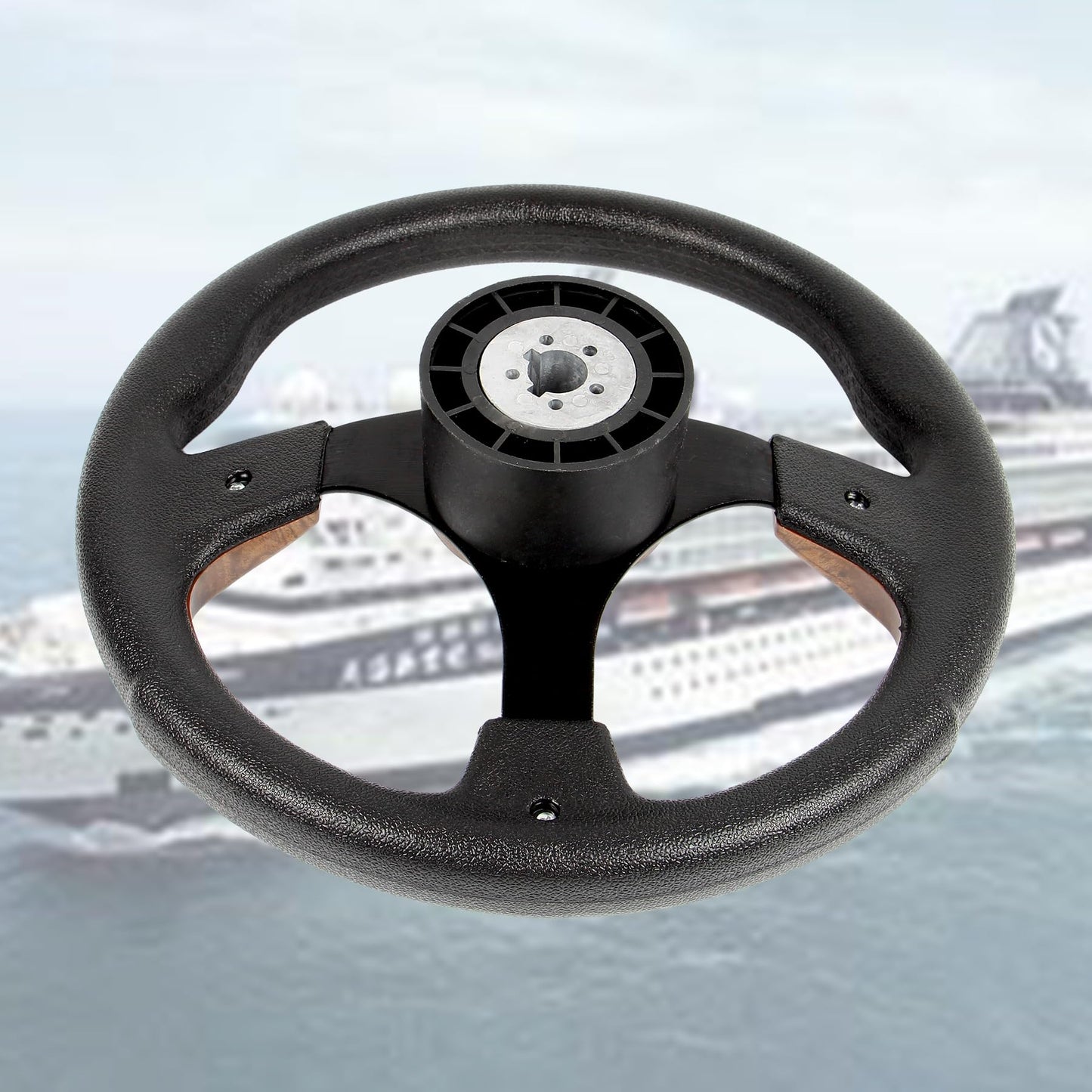 12.5" Wood Grain Marine Boat Steering Wheel Black Spokes with 3/4" Tapered Shaft, Anti-Slip and Rust-proof Steering Wheel for Most Marine boats,Vessels,Yachts,Pontoons Boat