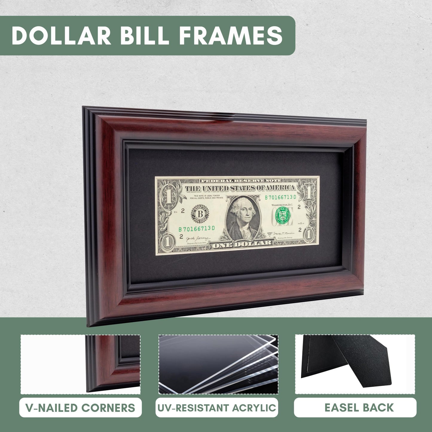 CountryArtHouse Traditional Mahogany First Dollar Frame with Black Photo Mat, Dollar Bill Holder with Easel Stand and Wall Hanger Included
