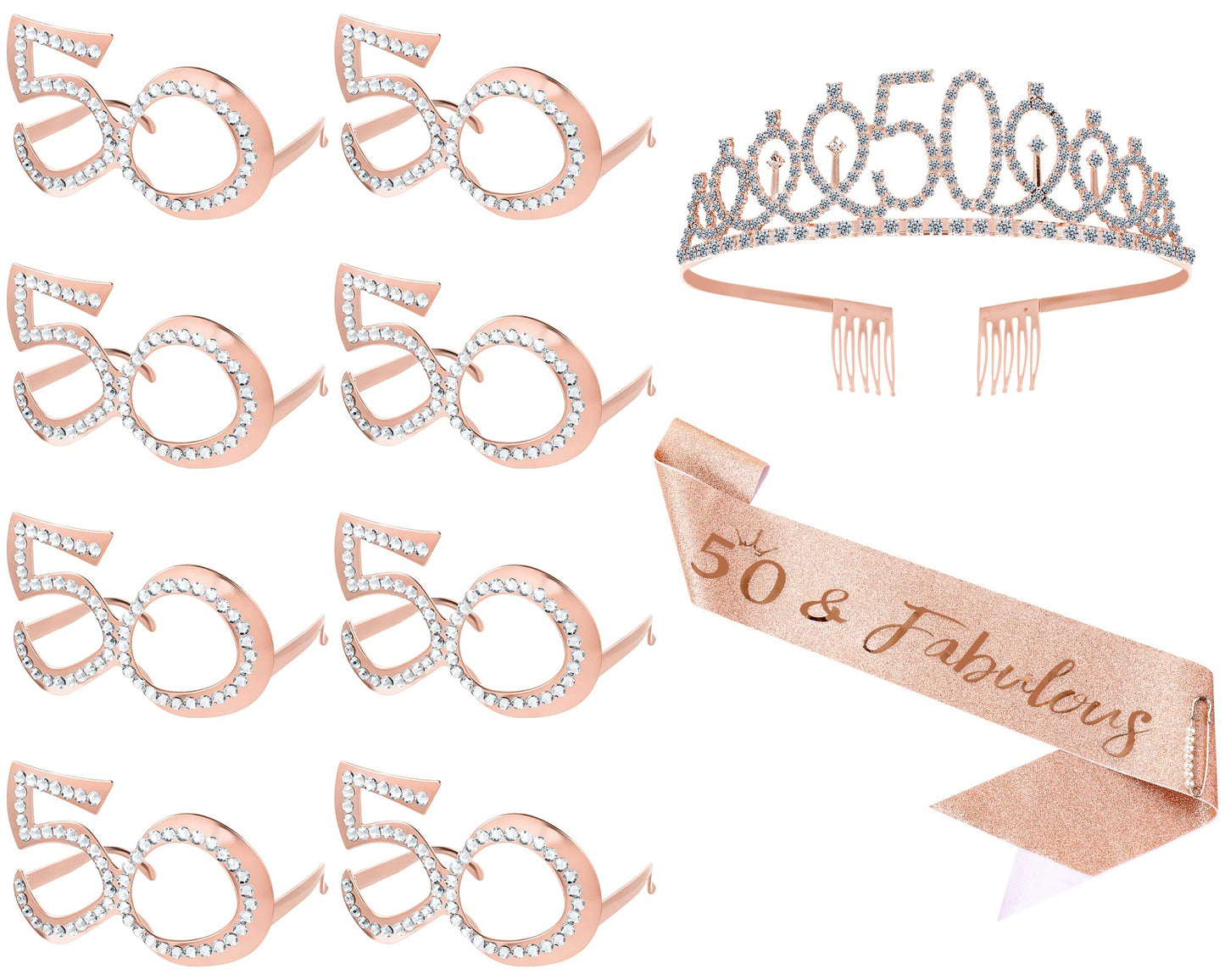10 Pcs 50th Birthday Decorations for Women Rose Gold 50th Birthday Glitter Glasses Birthday Sash and Tiara 50th Birthday Accessory for Birthday Party