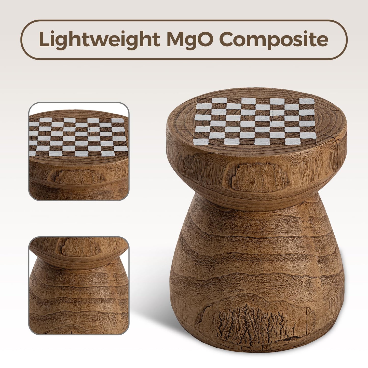 COSIEST Outdoor Side Table w Chessboard, 14''Concrete Faux Wooden Garden Stool, Lightweight Decor Outdoor Round End Table, Plant Stand for Garden and Deck, Brown