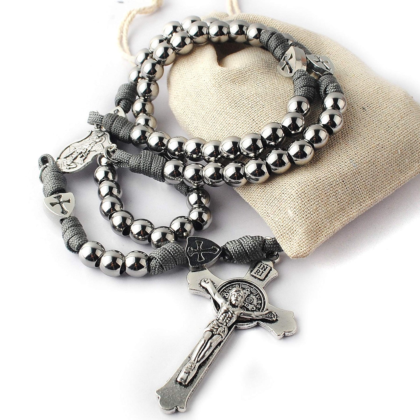 HanlinCC Large and Heavy Stainless Steel Beads Rugged Durable Paracord Rosary Necklace for Men with St.Michael Center Piece and St.Benedict Crucifix (Grey Paracord Rosary)