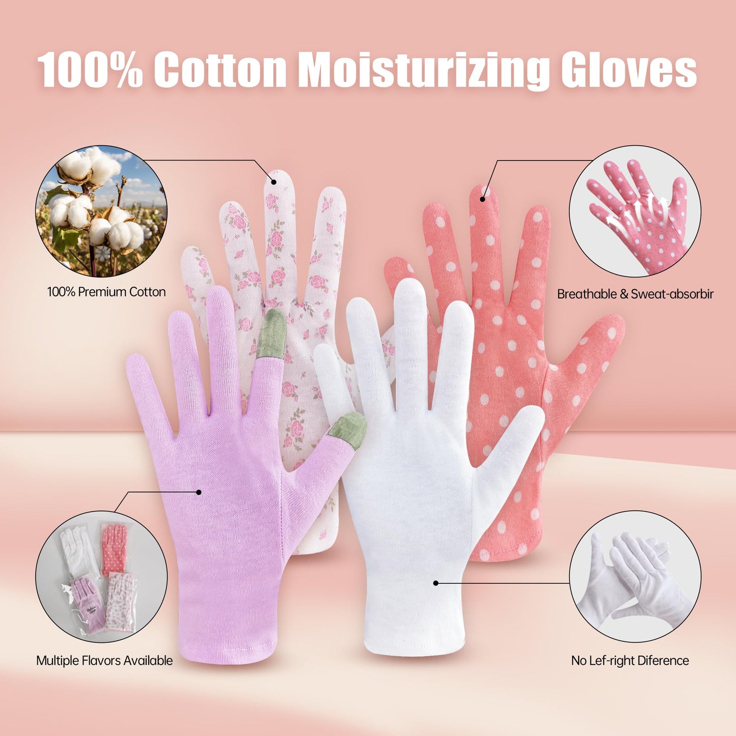 HandLove 12 Pairs Premium 100% Cotton Gloves, Dry Hands & Eczema, Overnight Lotion & Spa Treatment for Women & Men, Reusable | White Floral Dots