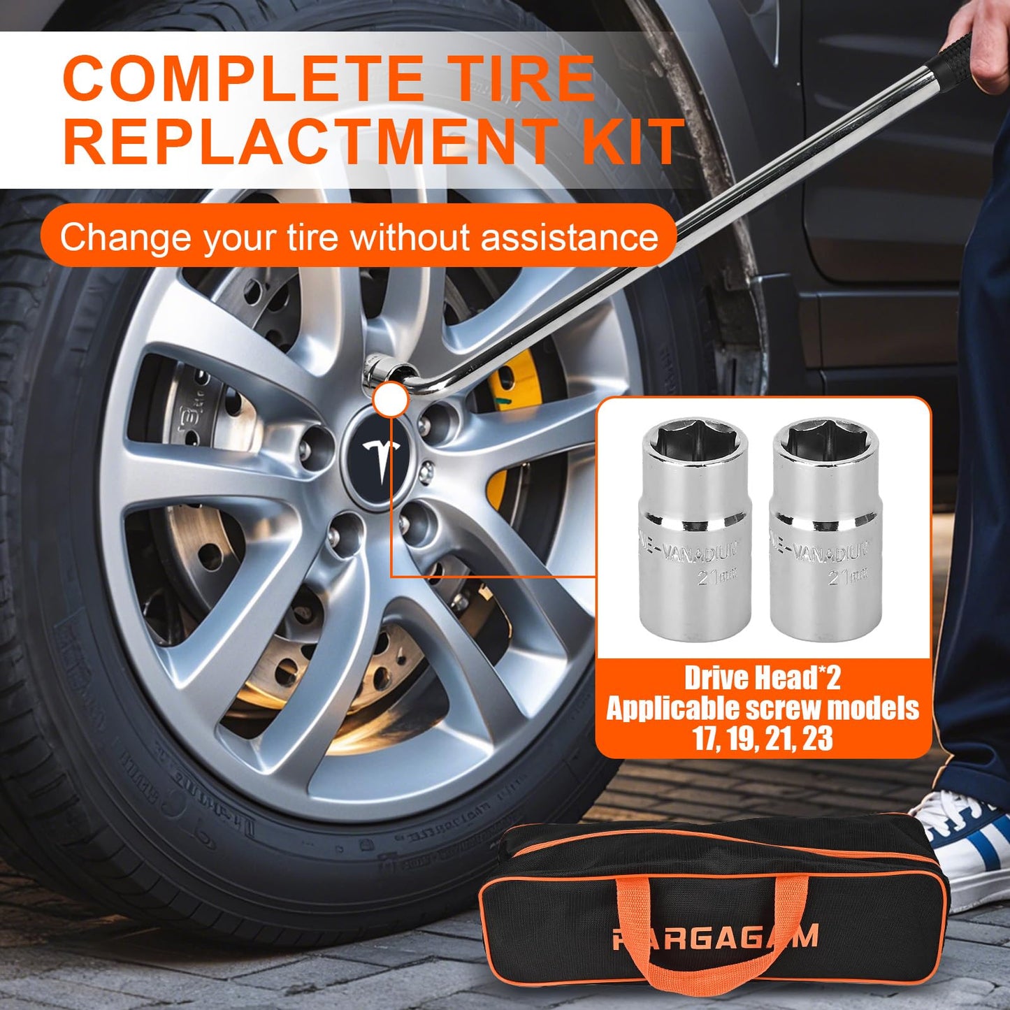 Car Jack Kit for Tesla Model 3/S/X/Y – 2.5 Ton Scissor Jack with Tesla Jack Pads & Tesla Tire Repair Kit for Spare Tire Changing and Repair Tools