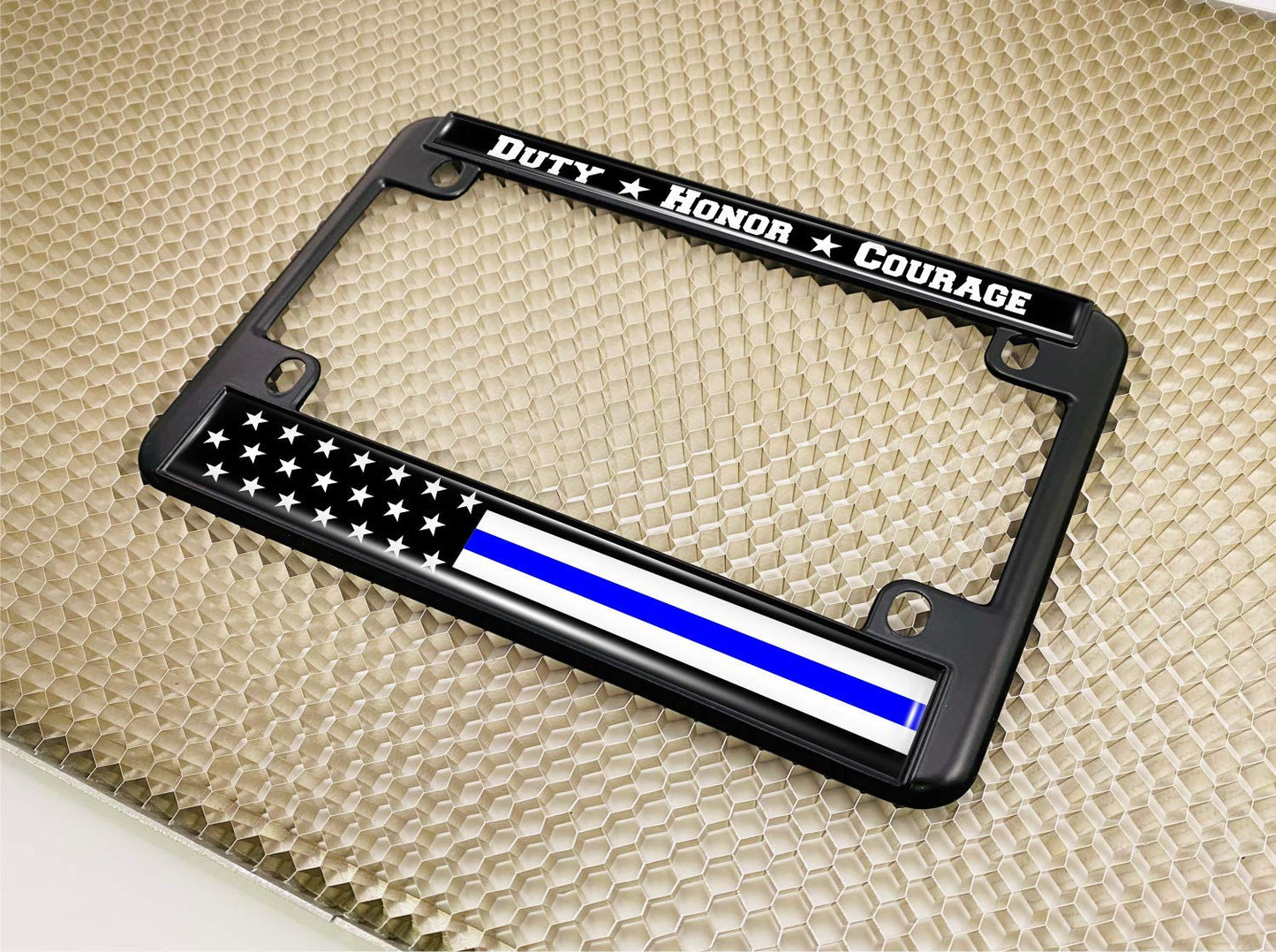Motorcycle Metal License Plate Frame with Duty Honor Courage Thin Blue Line (Stripe) USA Flag Design - Black