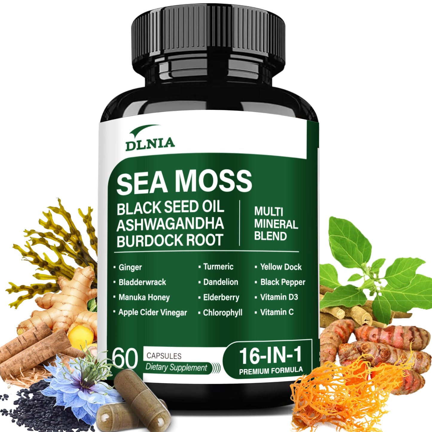16-in-1 Organic Sea Moss, Ashwagandha, Black Seed Oil, Turmeric, Bladderwrack Burdock, Vitamin C & D3 with Elderberry Manuka Dandelion Yellow Dock
