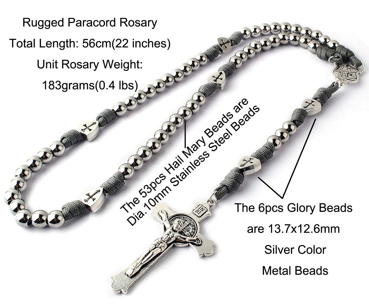 HanlinCC Large and Heavy Stainless Steel Beads Rugged Durable Paracord Rosary Necklace for Men with St.Michael Center Piece and St.Benedict Crucifix (Grey Paracord Rosary)