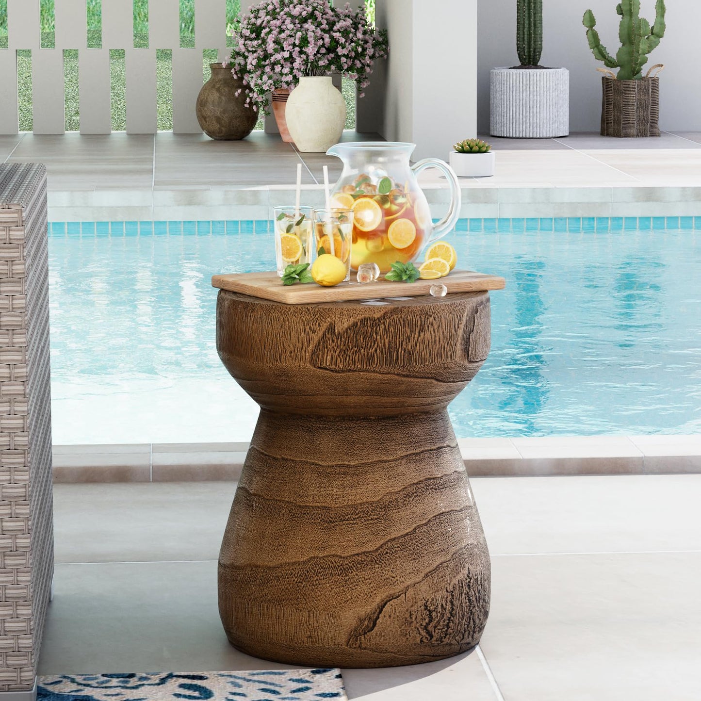 COSIEST Outdoor Side Table w Chessboard, 14''Concrete Faux Wooden Garden Stool, Lightweight Decor Outdoor Round End Table, Plant Stand for Garden and Deck, Brown