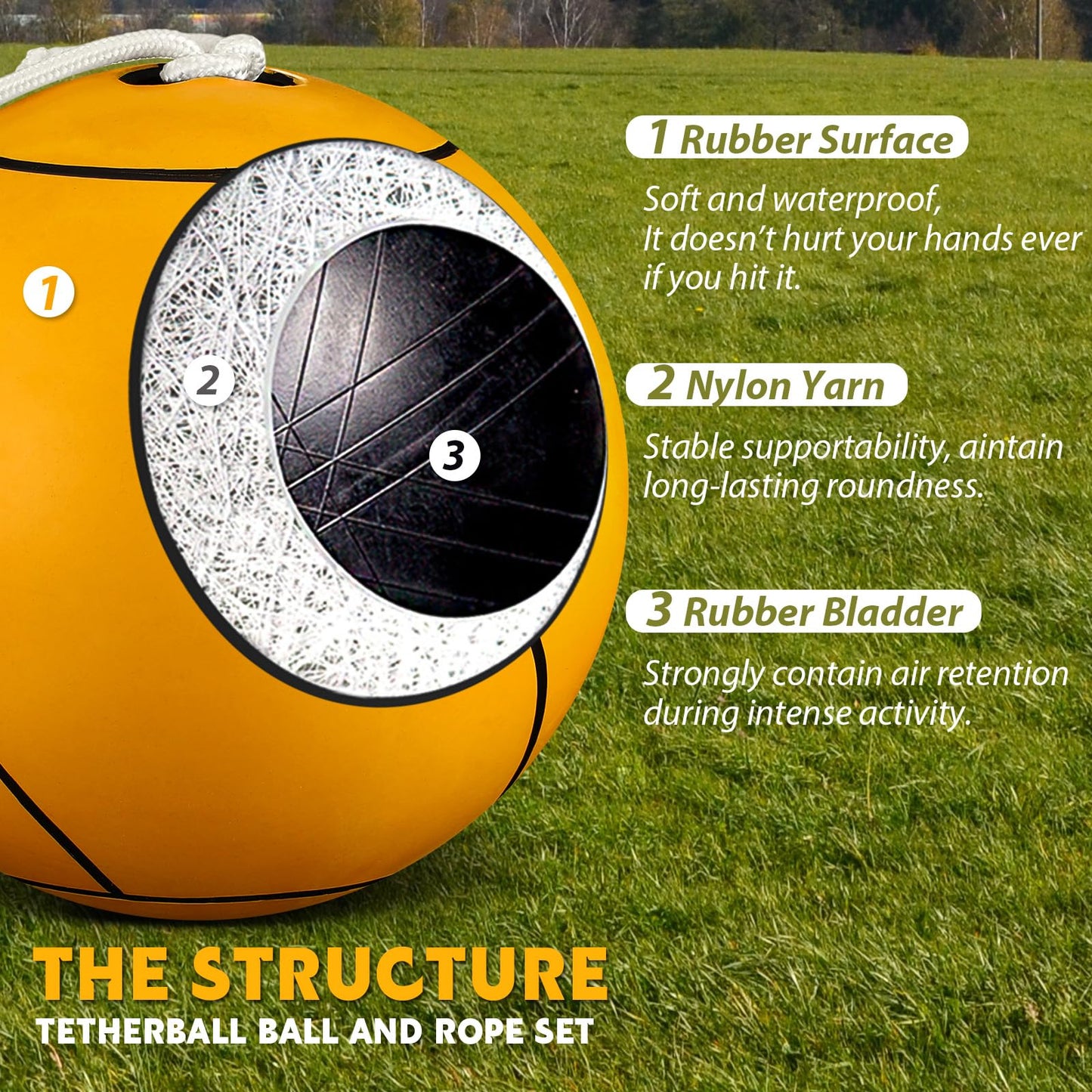 10 ft Tetherball Set with 2 Balls, Portable Replacement Tetherball Ball and Rope and Pole Tether Ball Equipment Adjustable Tether Ball Pole Game for Adult Dog Outdoor Backyard Beach(Yellow,Classic)