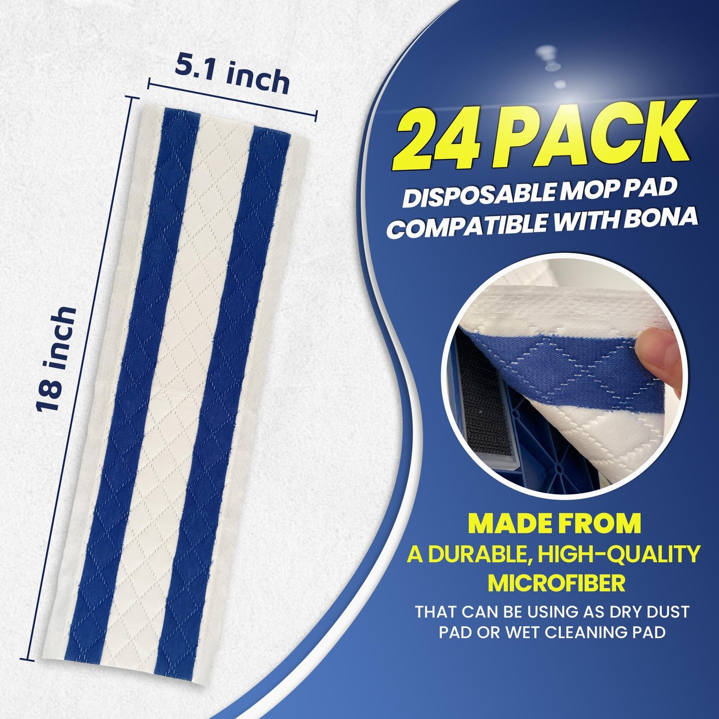 18 Inch Microfiber Disposable Mop Pad 24 Pack for All 16-18'' Hook & Loop System Mop, Wet Dry Cleaning Pad Compatible with Bona,Rubbermaid,Turbo,Norwex (18 in, 24 Pack)