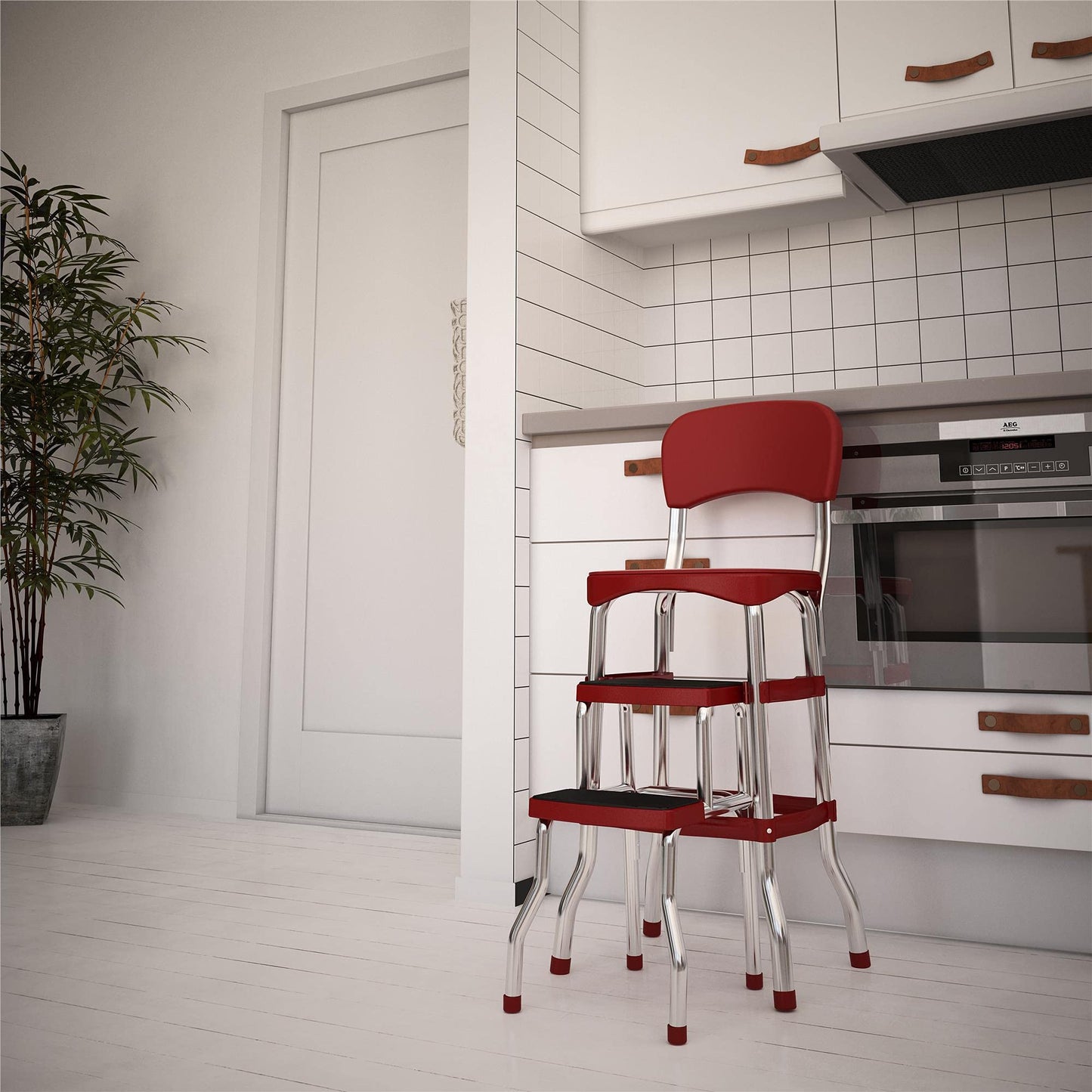 COSCO Stylaire Retro Chair + 2-Step Step Stool with Pull-Out Steps, 7 Ft. 11in Max Reach, 200 lb Weight Capacity, Steel and Vinyl (Red, one pack)