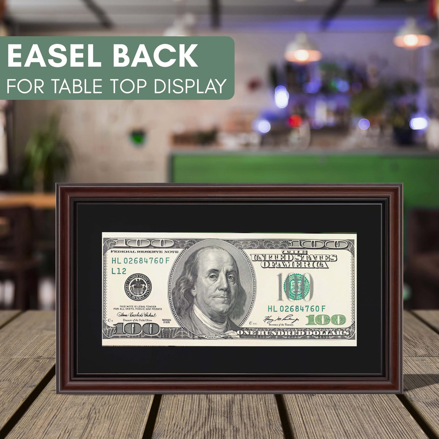 CountryArtHouse Traditional Mahogany First Dollar Frame with Black Photo Mat, Dollar Bill Holder with Easel Stand and Wall Hanger Included