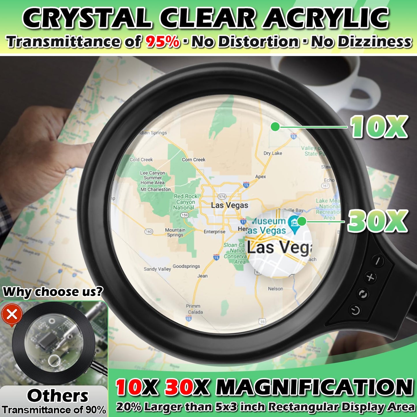 10X 30X Large Floor Magnifying Glass with Light and Stand,36 LED Flexible Gooseneck Floor Magnifying Lamp,Clip on Lighted Magnifiers for Reading,Sewing,Crafts,Painting,DIY,Close Work
