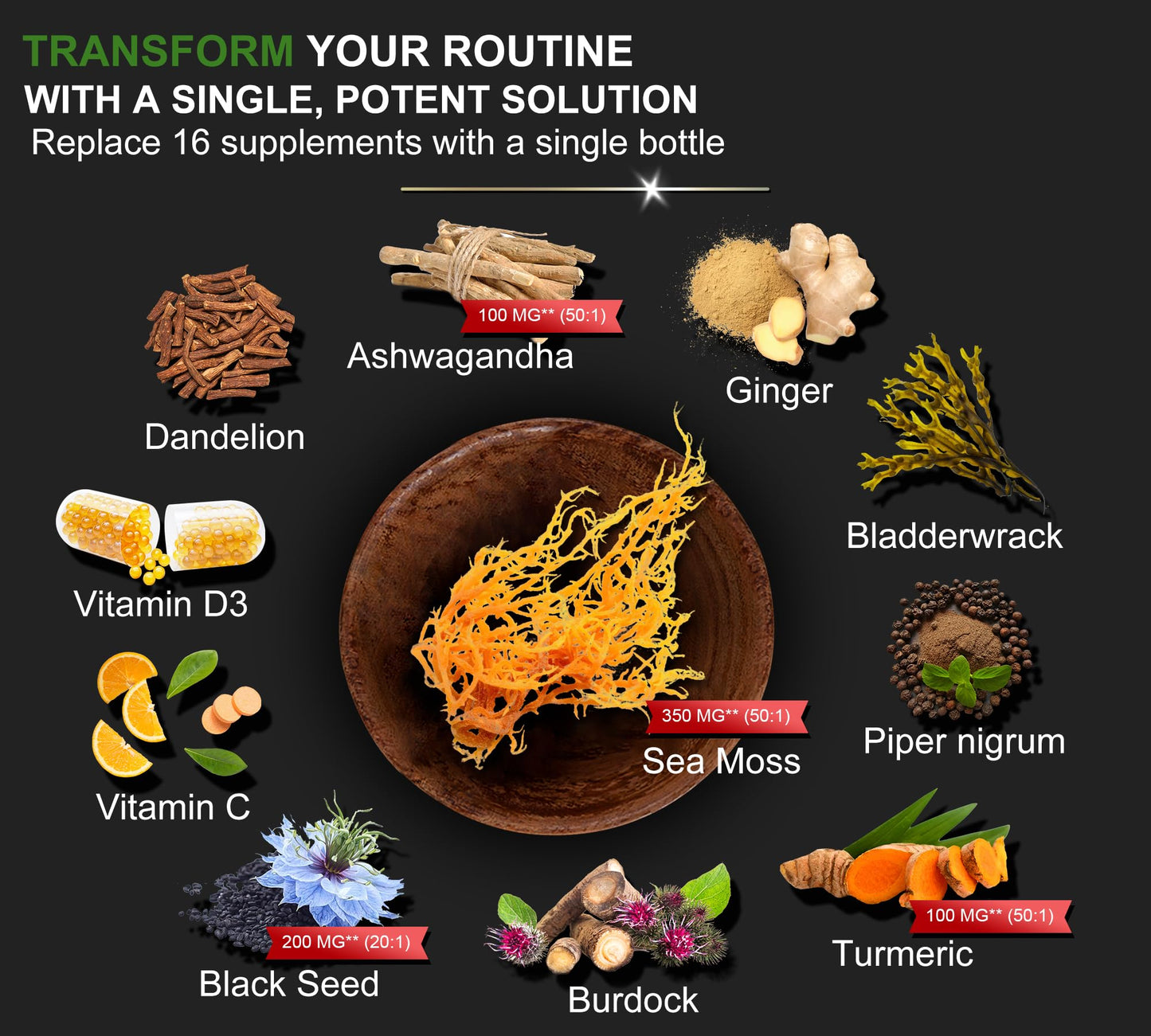 16-in-1 Organic Sea Moss, Ashwagandha, Black Seed Oil, Turmeric, Bladderwrack Burdock, Vitamin C & D3 with Elderberry Manuka Dandelion Yellow Dock