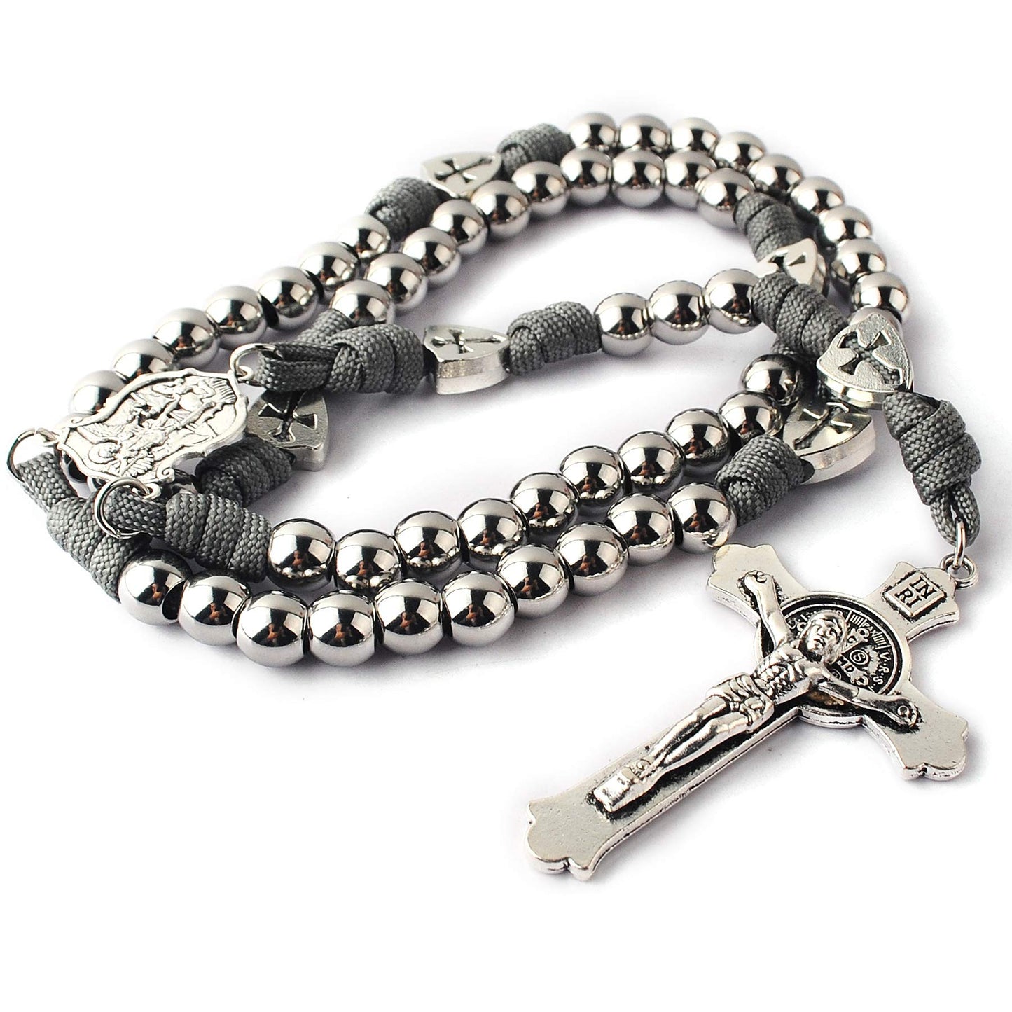 HanlinCC Large and Heavy Stainless Steel Beads Rugged Durable Paracord Rosary Necklace for Men with St.Michael Center Piece and St.Benedict Crucifix (Grey Paracord Rosary)