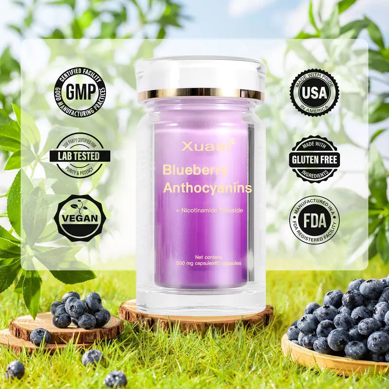 1 Bottle Xuaai Blueberry Anthocyaninis+NR- NAD Supplement for Skin Aging Support, Energy, and Focus - 60 Capsules - Vitamin & Wellness Supplements Dietary Healthcare Edible Support eye health