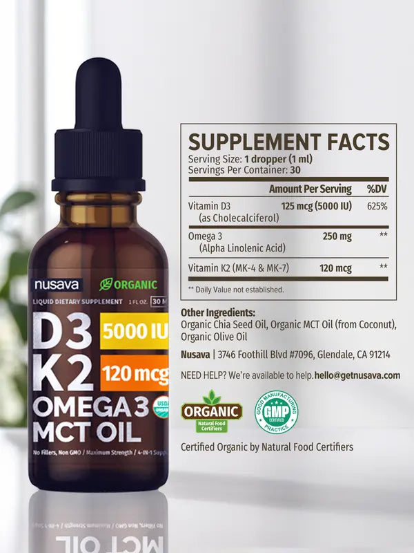 (2-PACK) Organic Vitamin D3K2 Supplement Drops with MCT Oil Omega 3, Liquid Vitamin D3 for Healthcare & Body Defenses - Non-GMO, No Fillers, 2 Fl Oz