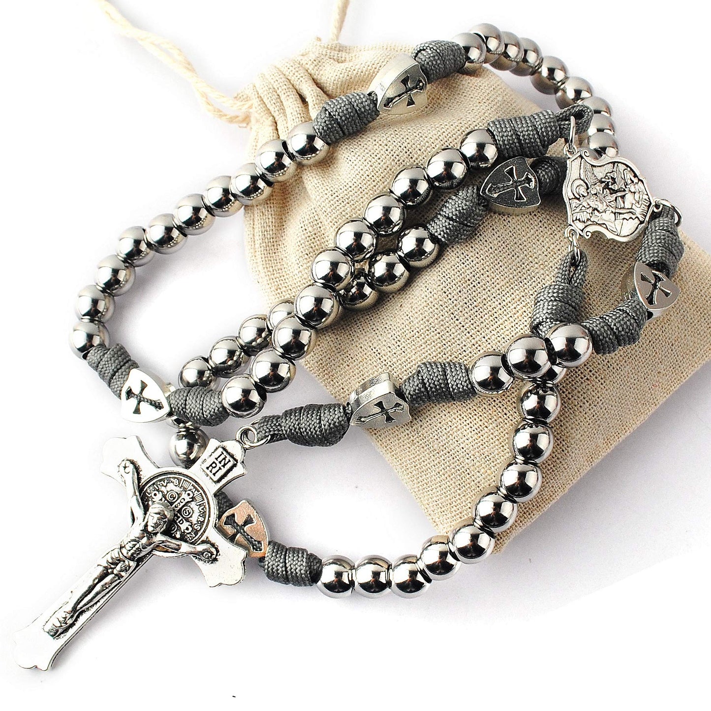HanlinCC Large and Heavy Stainless Steel Beads Rugged Durable Paracord Rosary Necklace for Men with St.Michael Center Piece and St.Benedict Crucifix (Grey Paracord Rosary)