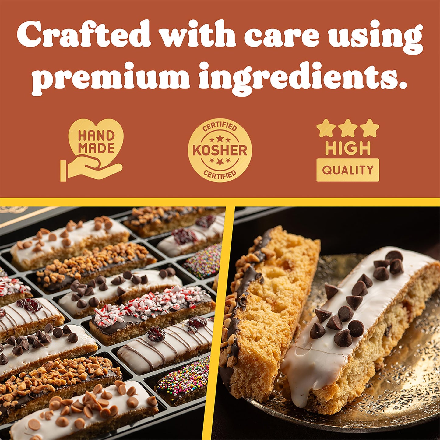 Mothers Day Cookies Gift Basket - 18 Gourmet Chocolate Covered Biscotti with Assorted Toppings - Assorted Food Gift Box Fathers Day, Mothers Day, Family, Sympathy, Men & Women.