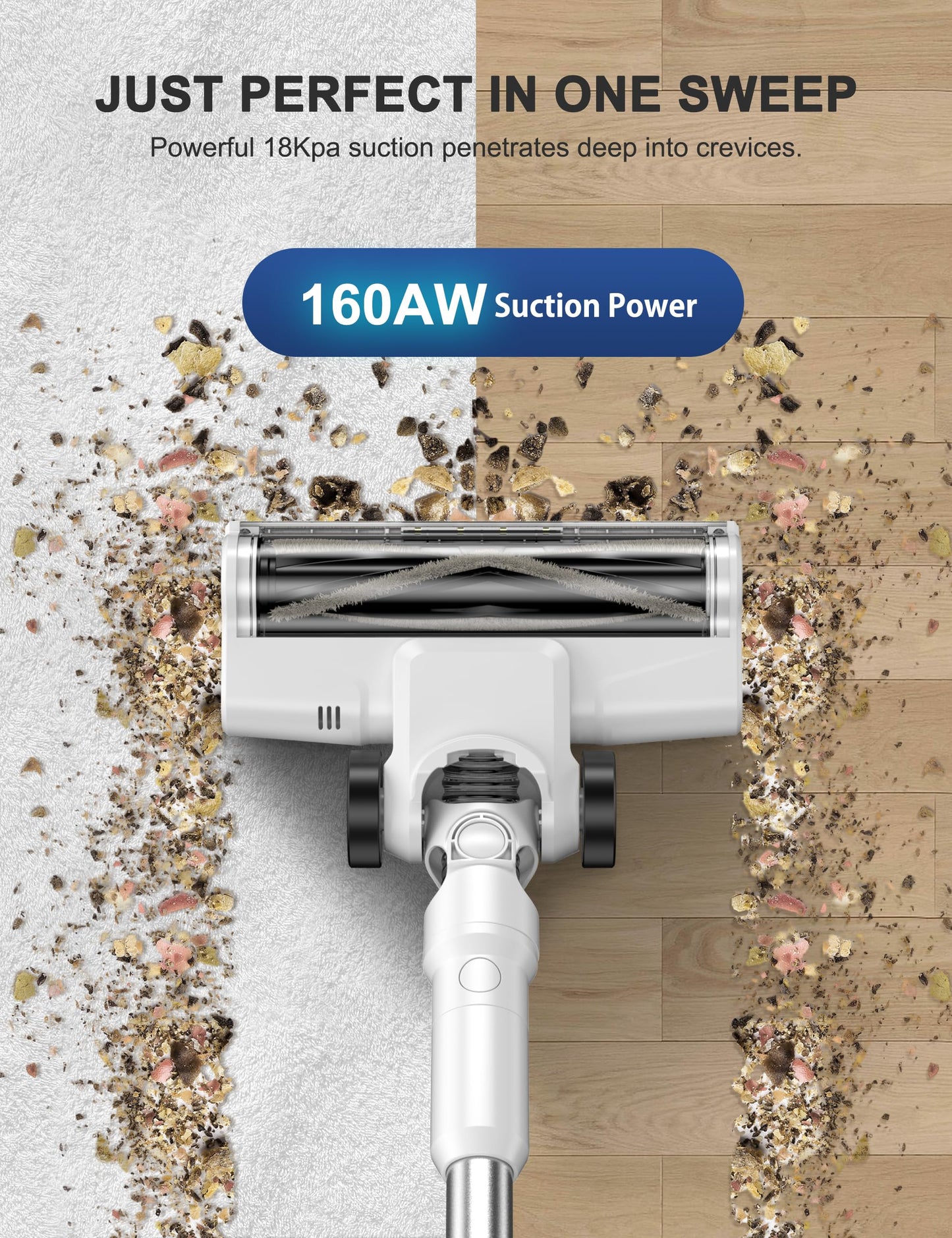 Cordless Vacuum Cleaner, 18Kpa Stick Vacuum for Home with LED Screen,6000mAh Handheld Vacuum, Brushless Motor,Rechargeable, Anti-Tangle Handheld Vac for Cleaning Pet Hair, Carpet, Floor(White)