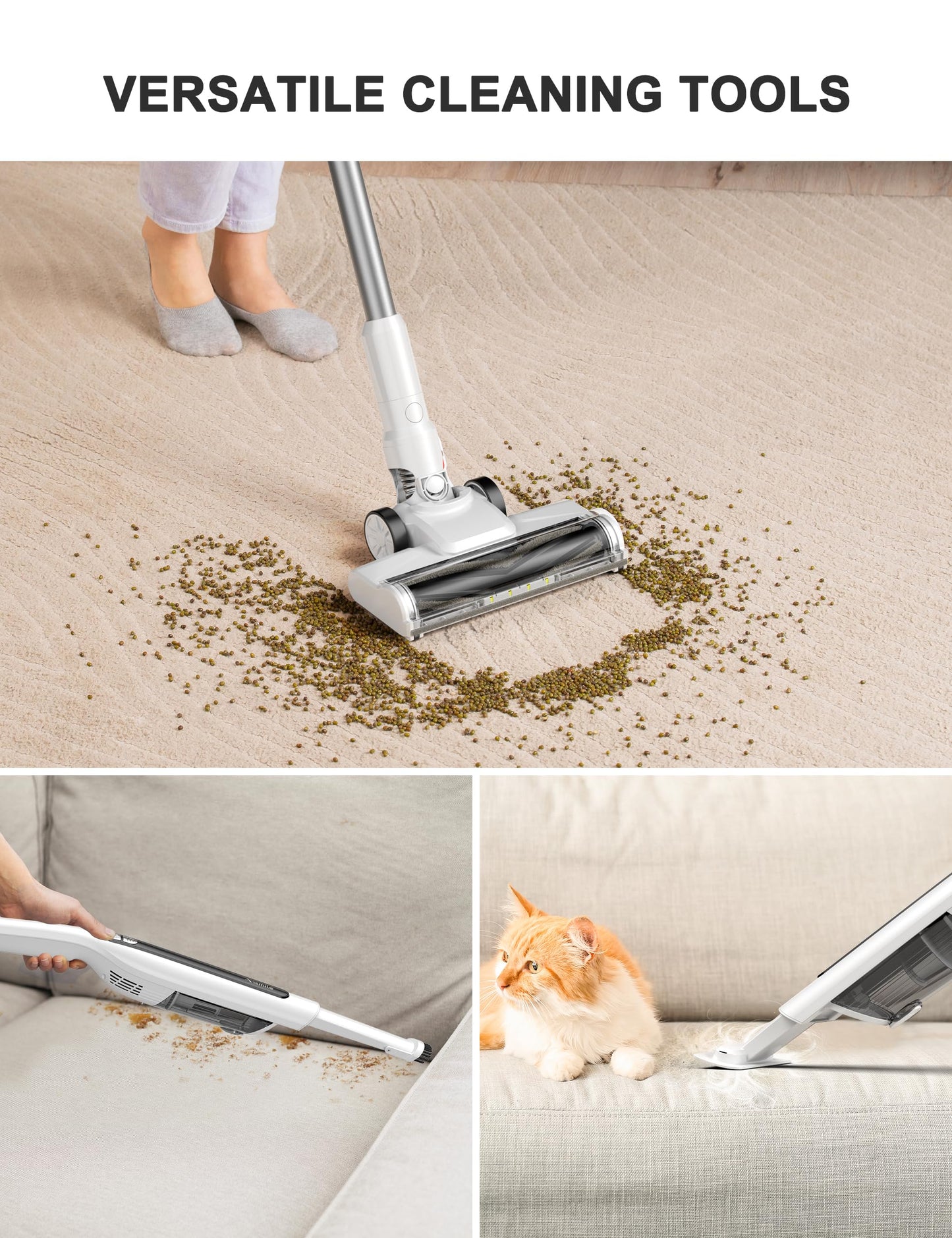 Cordless Vacuum Cleaner, 18Kpa Stick Vacuum for Home with LED Screen,6000mAh Handheld Vacuum, Brushless Motor,Rechargeable, Anti-Tangle Handheld Vac for Cleaning Pet Hair, Carpet, Floor(White)