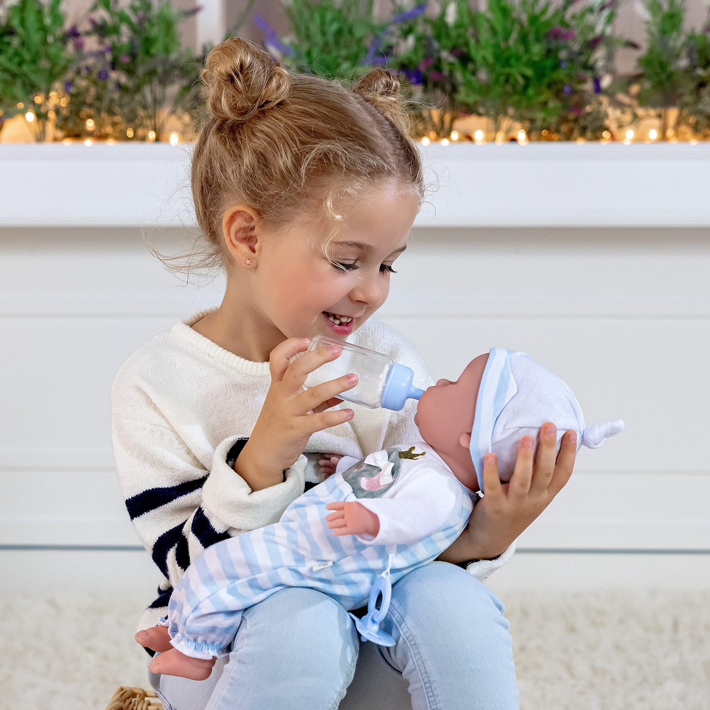 15" Realistic Soft Body Baby Doll with Open/Close Eyes | JC Toys - Berenguer Boutique | 10 Piece Gift Set with Bottle, Rattle, Pacifier & Accessories | Blue | Ages 2+